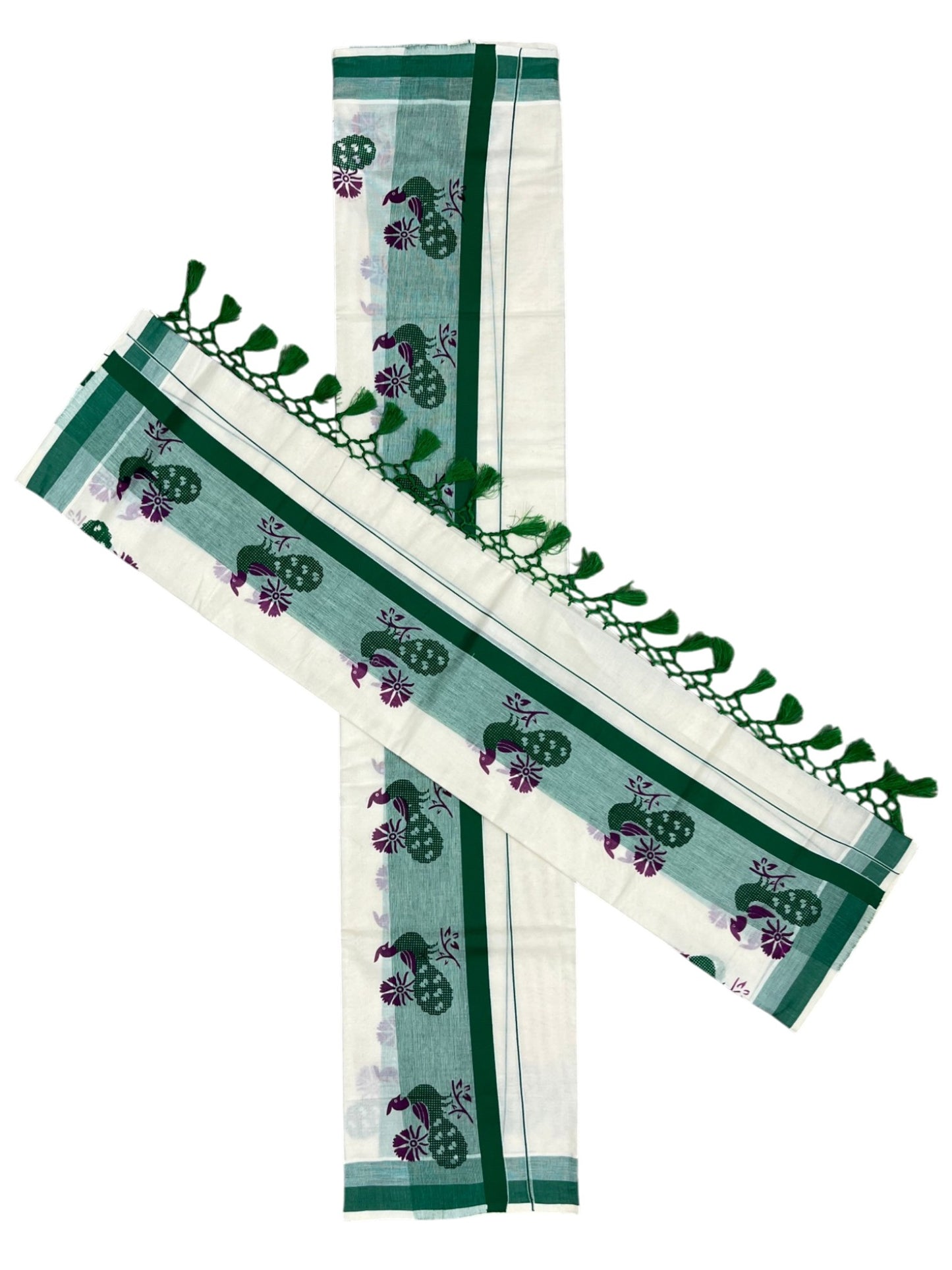 Southloom Cotton Single Set Mundu (Mundu Neriyathum) With Peacock Print And Green Border Kasavu With Tussles in 2.80 Mtrs
