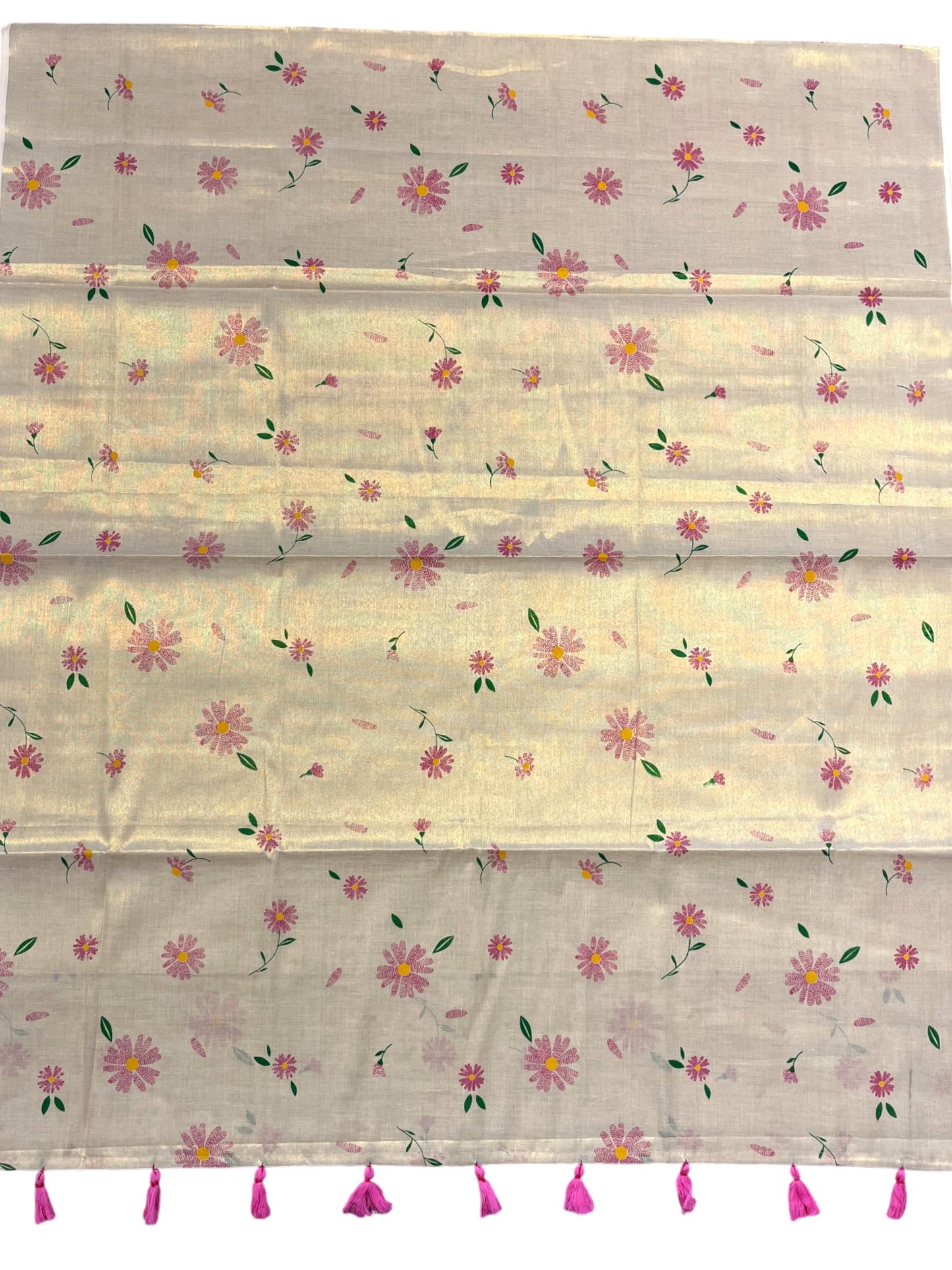 Southloom Kerala Tissue Kasavu Saree with Pink Floral Print on Body and Border