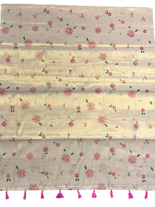 Southloom Kerala Tissue Kasavu Saree with Pink Floral Print on Body and Border