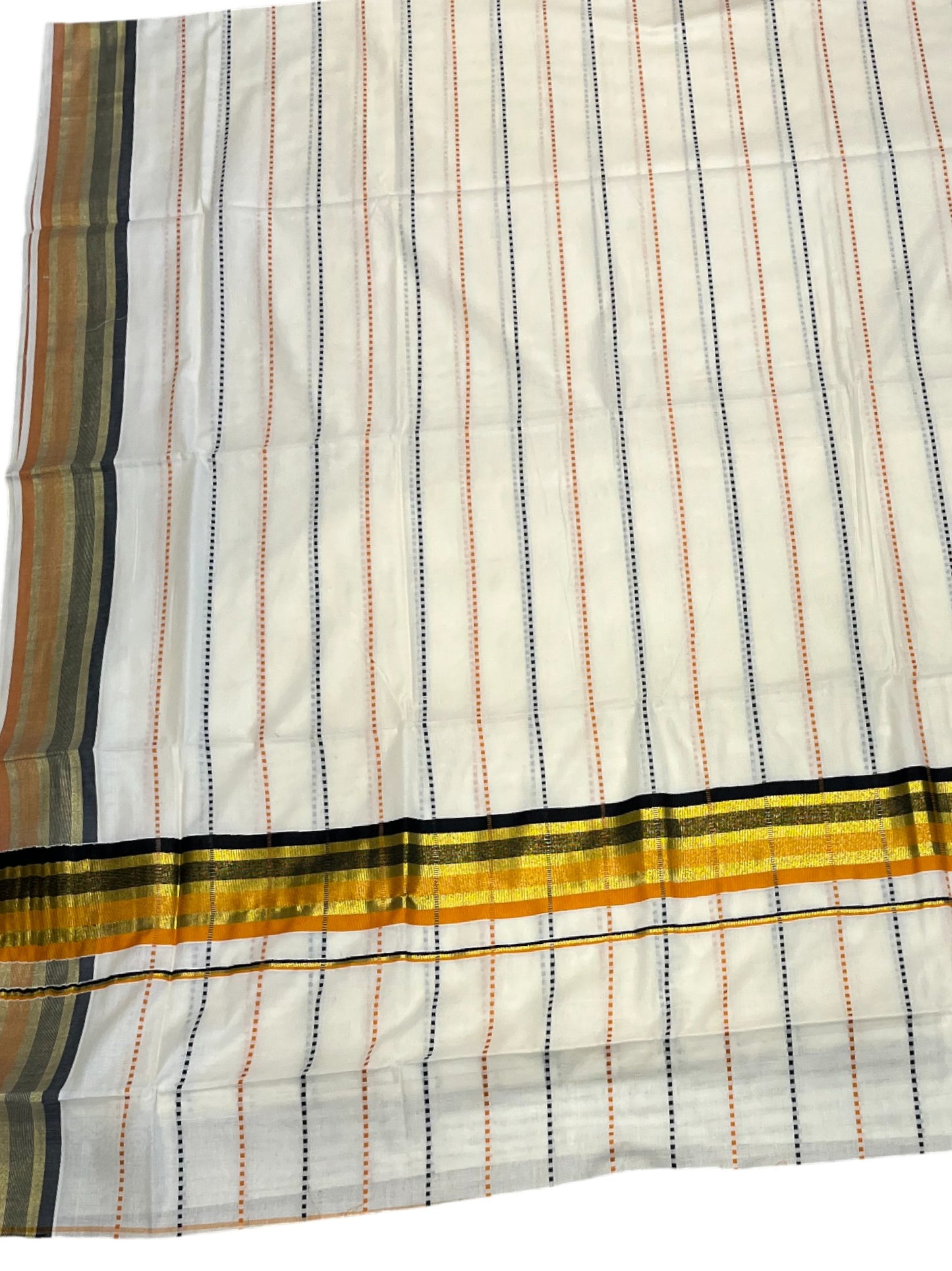 Southloom Cotton Kasavu Saree with Orange and Black Thread Work Across Body