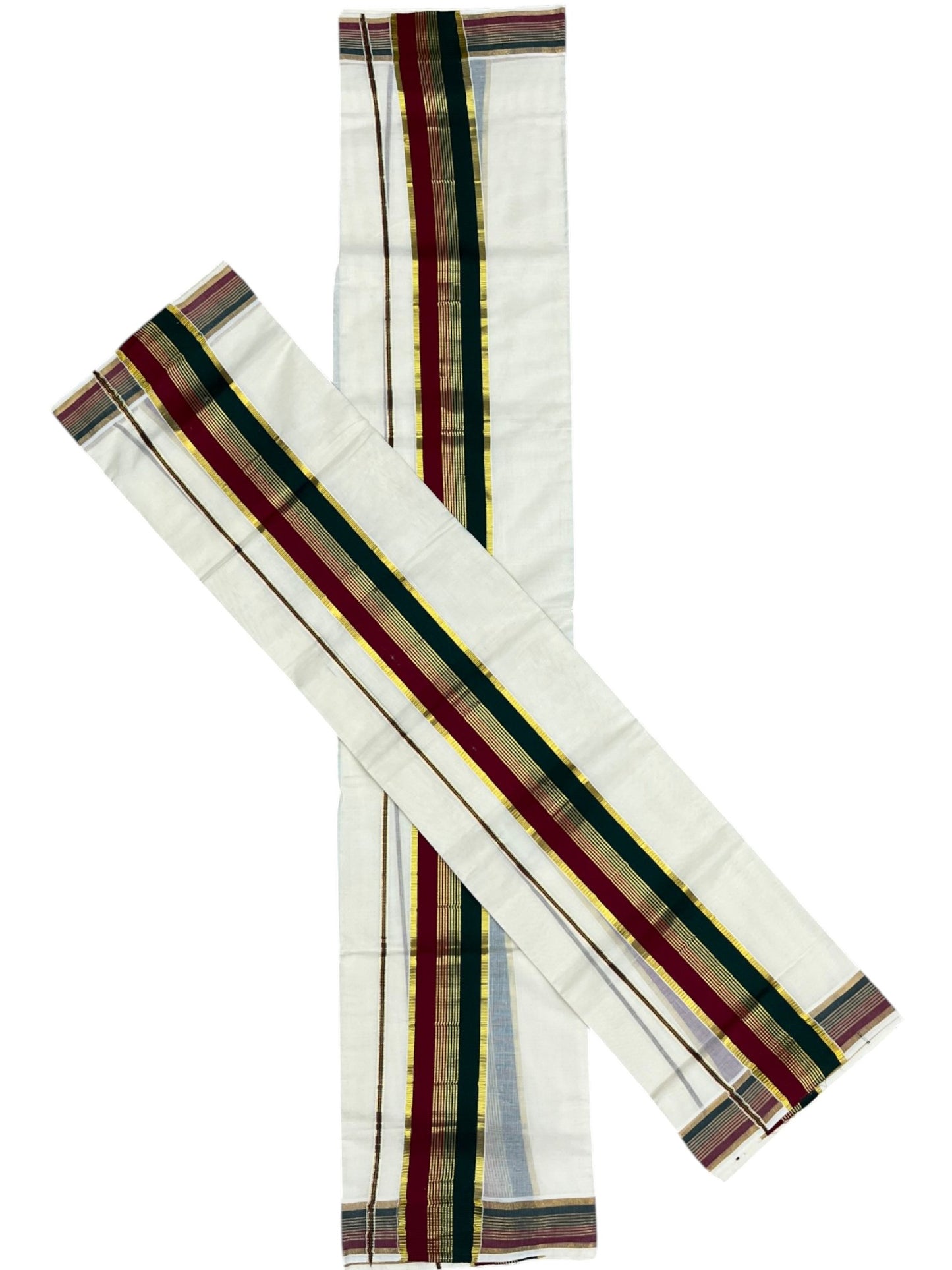 Southloom Kerala Cotton Kasavu Single Set Mundu (Mundum Neriyathum) with Green and Maroon Kasavu Border SLKK