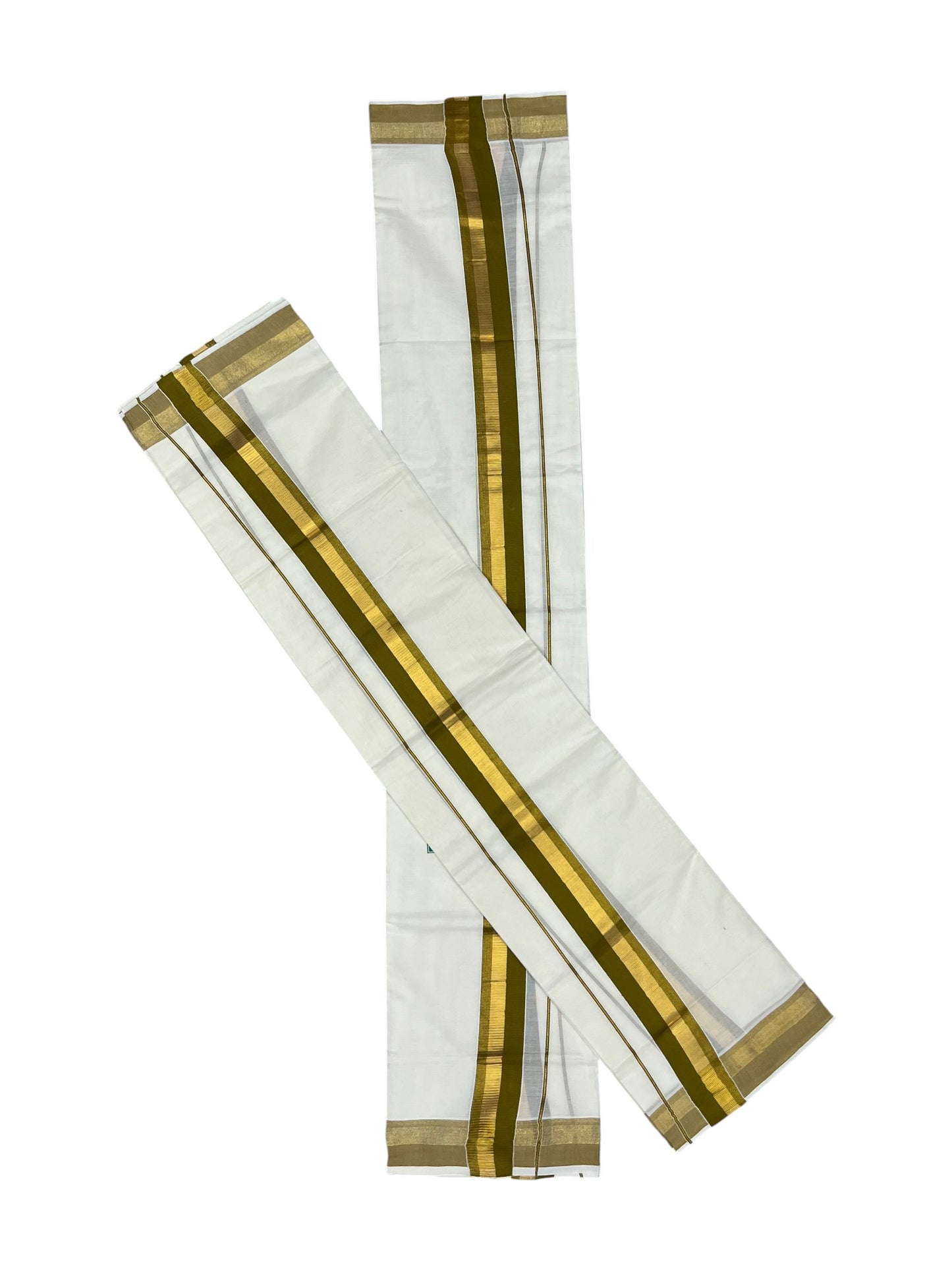 Kerala Cotton Kasavu Set Mundu (Mundum Neriyathum) with Olive Green and Gold Border