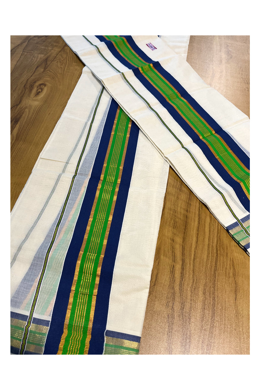 Kerala Cotton Kasavu Set Mundu (Mundum Neriyathum) with Blue and Green Border 2.80 Mtrs