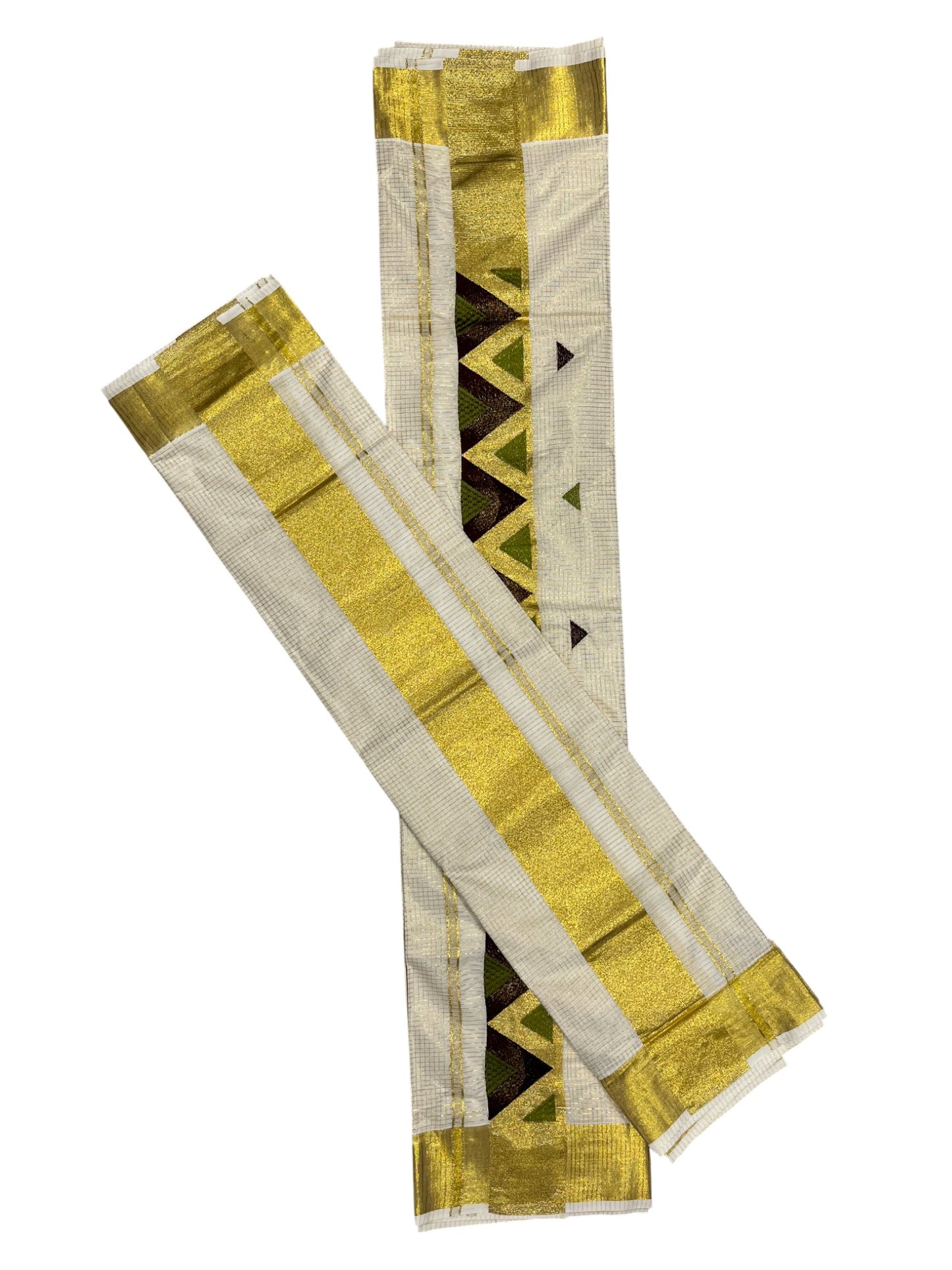 southloom Kerala TIssue Kasavu Mundum Neriyathum  (Set Mundu) with Green Brown  Embroidery Designs in Kasavu Border