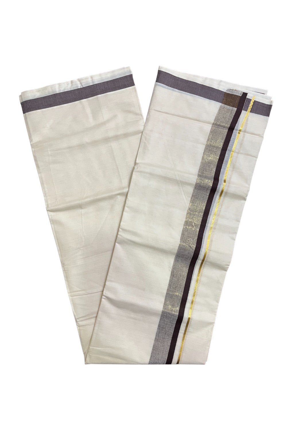 Kerala Pure Cotton Double Mundu with Brown and Kasavu Border (South Indian Kerala Dhoti)