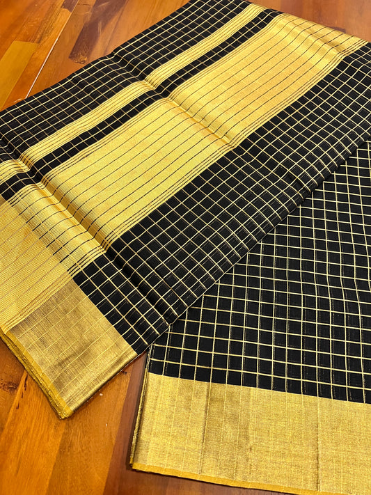 Southloom Super Premium Balaramapuram Unakkupaavu Handloom Black Saree with Kasavu Checks Across Body