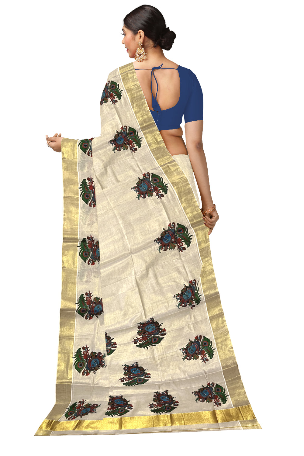 Kerala Tissue Kasavu Mural Printed Saree with Krishna Design