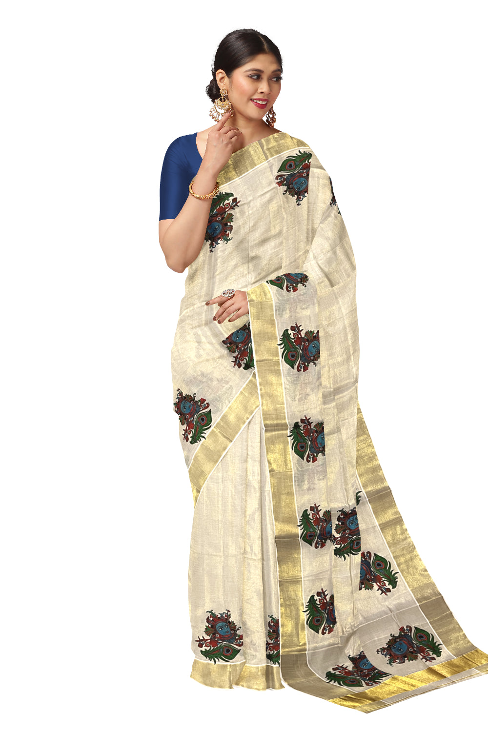 Kerala Tissue Kasavu Mural Printed Saree with Krishna Design