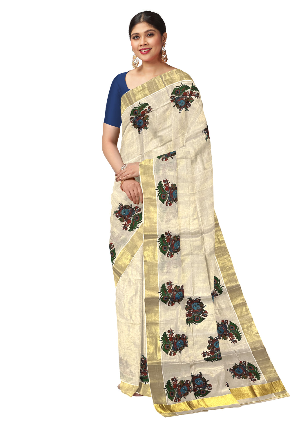 Kerala Tissue Kasavu Mural Printed Saree with Krishna Design