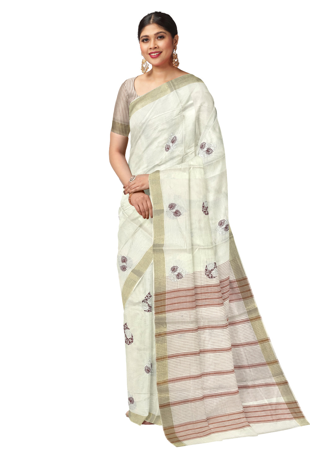 Pure Cotton Kerala Saree with Red Floral Embroidery Work and Kasavu Border