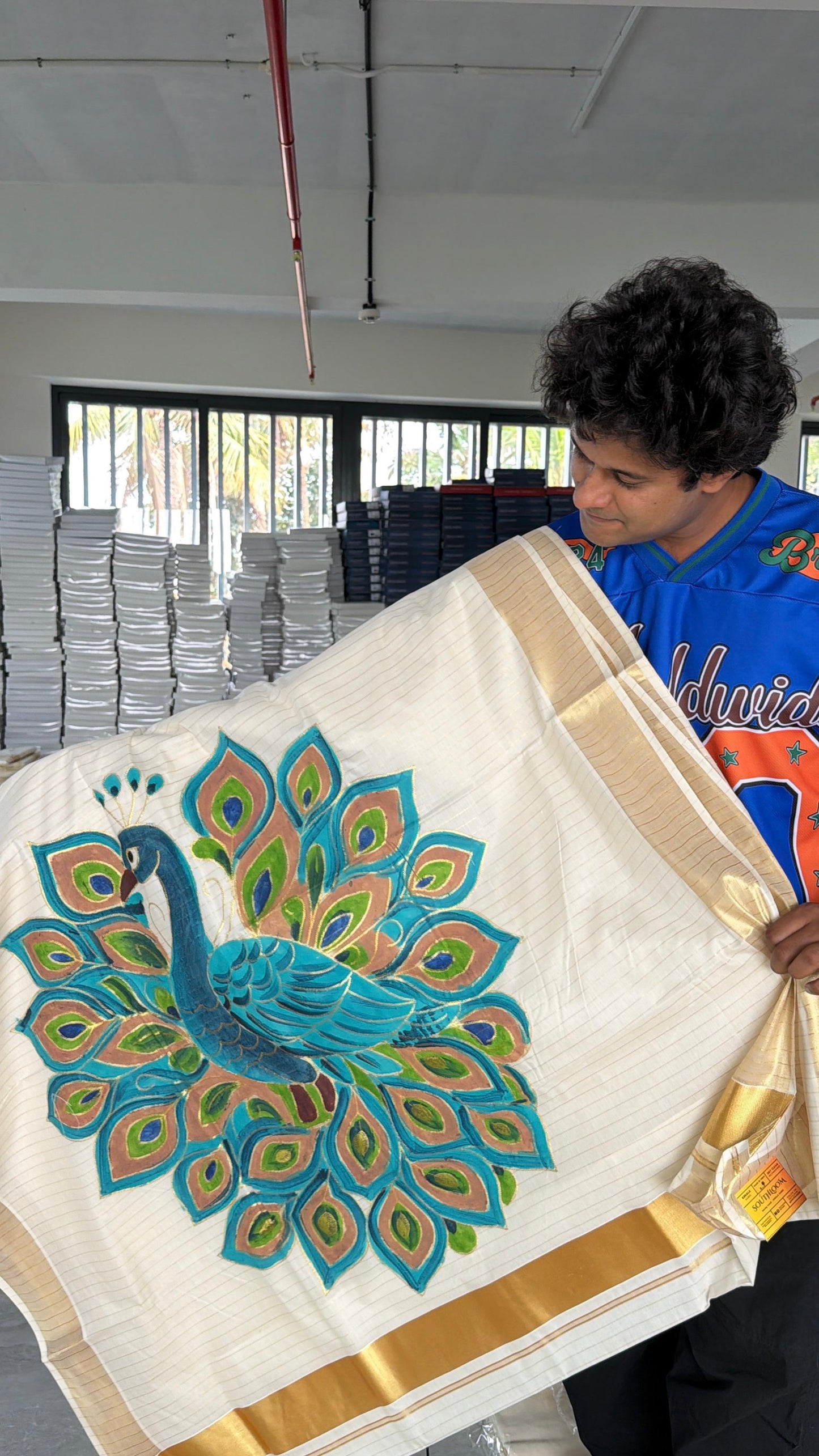 Kerala Cotton Lines Saree With Teal Blue Peacock Design SL161