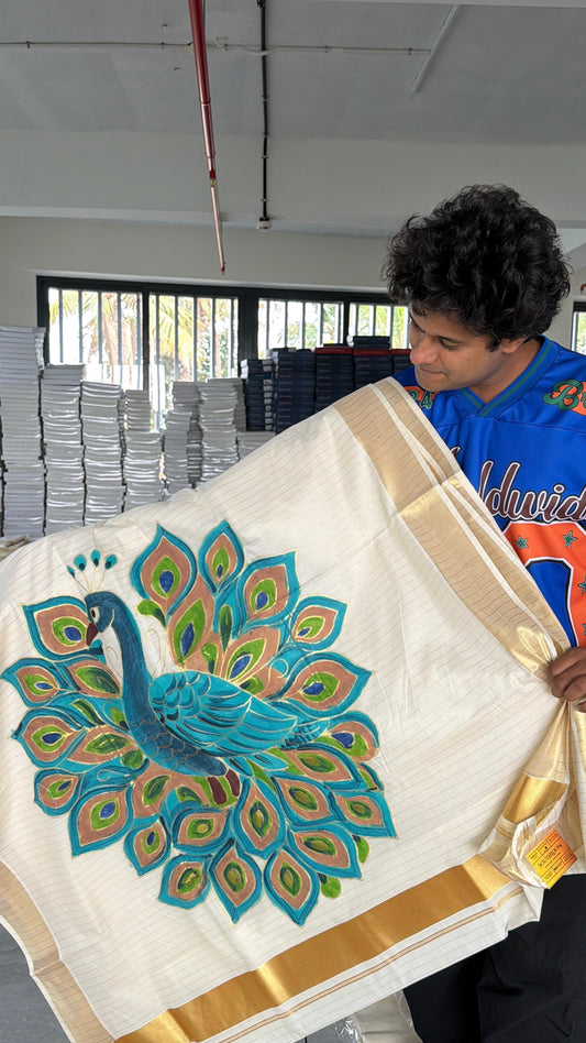Kerala Cotton Lines Saree With Teal Blue Peacock Design SL161