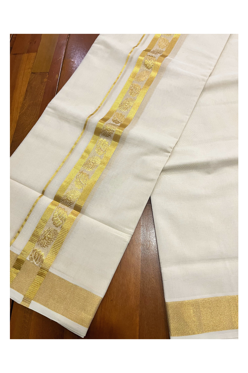 Southloom Premium Handloom Cotton Mundu with Kasavu Feather and Leaf Woven Border (South Indian Kerala Dhoti)