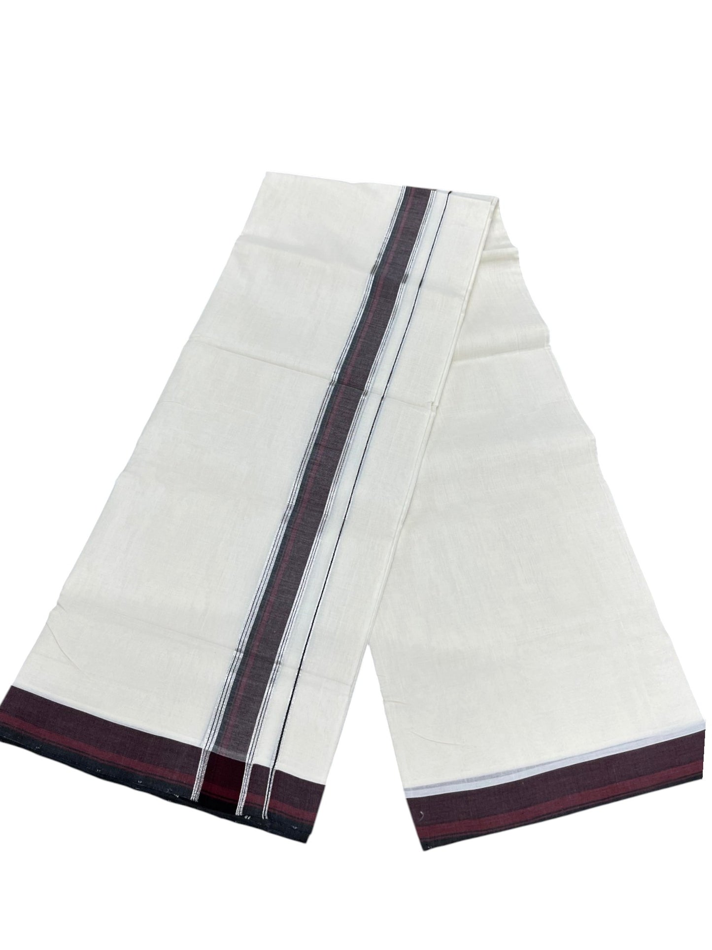 Southloom Unakkupaavu Premium Handloom Cotton Double Mundu with Silver Kasavu and Maroon Border