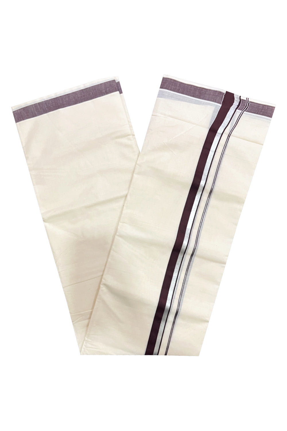 Pure Cotton Double Mundu with Silver Kasavu and Dark Brown Kara (South Indian Kerala Dhoti)