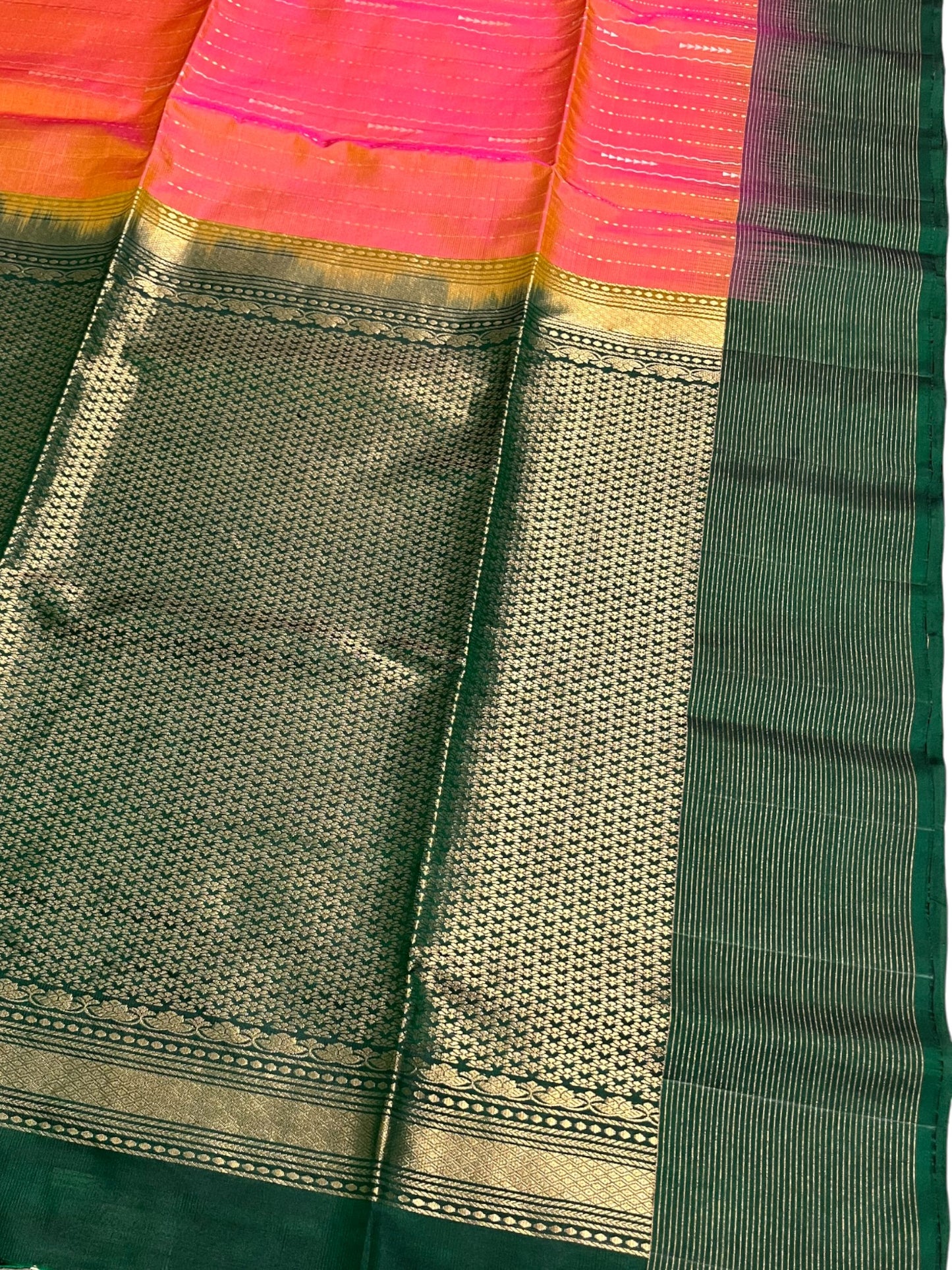 Southloom Pure Handloom Bridal Kanchipuram Silk Saree with Korvai Work (Orange & Green)