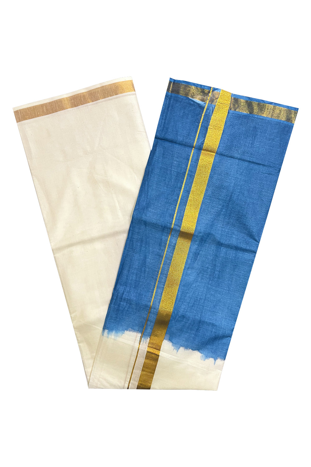 Southloom Tie & Dye - Half & Half  Multi Colour Blue Design Cotton Kerala Double Mundu with Kasavu Border (South Indian Kerala Dhoti)