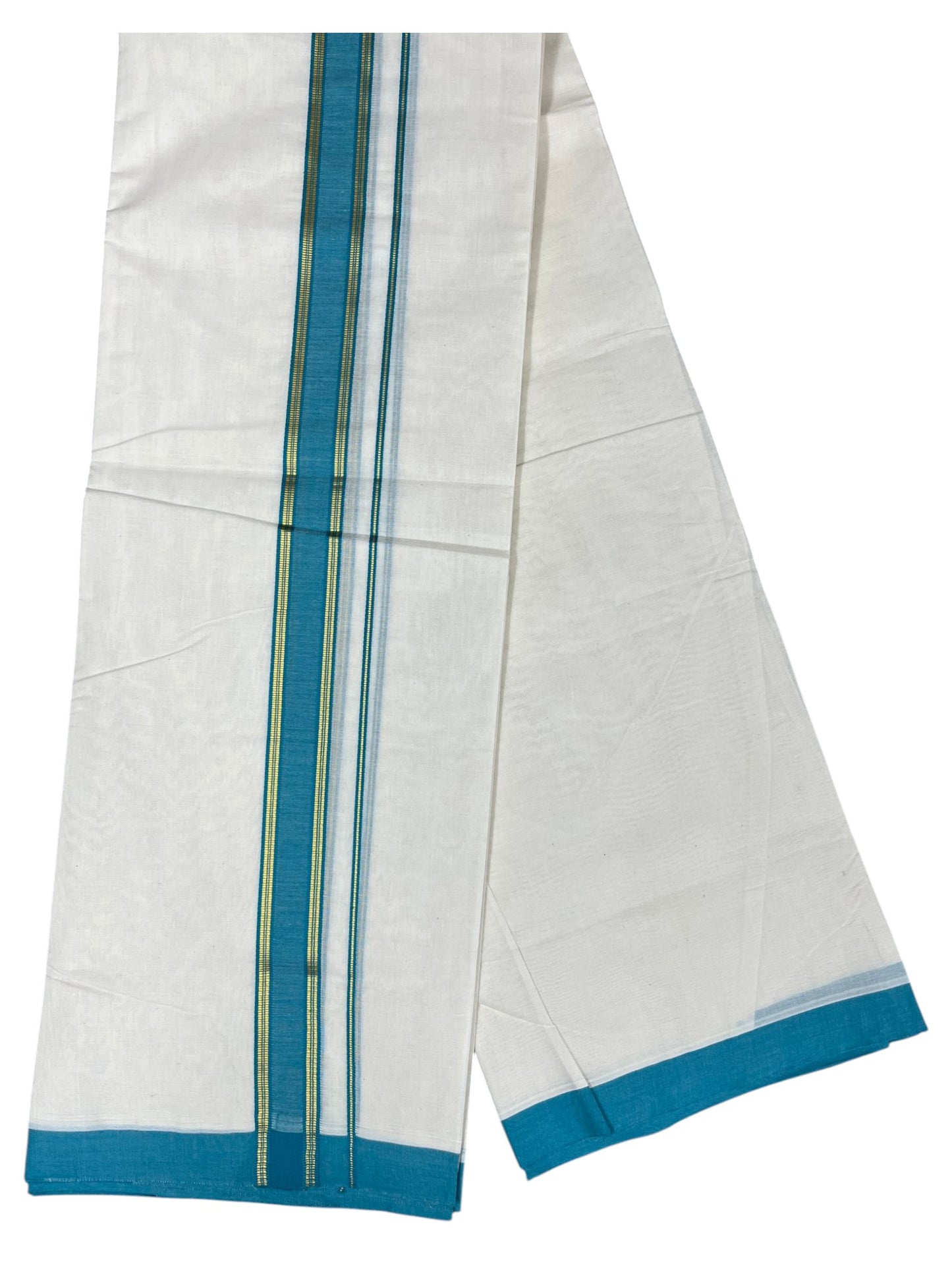 Southloom Pure Cotton Mundu with Gold Lines and Blue Border (South Indian Kerala Dhoti)