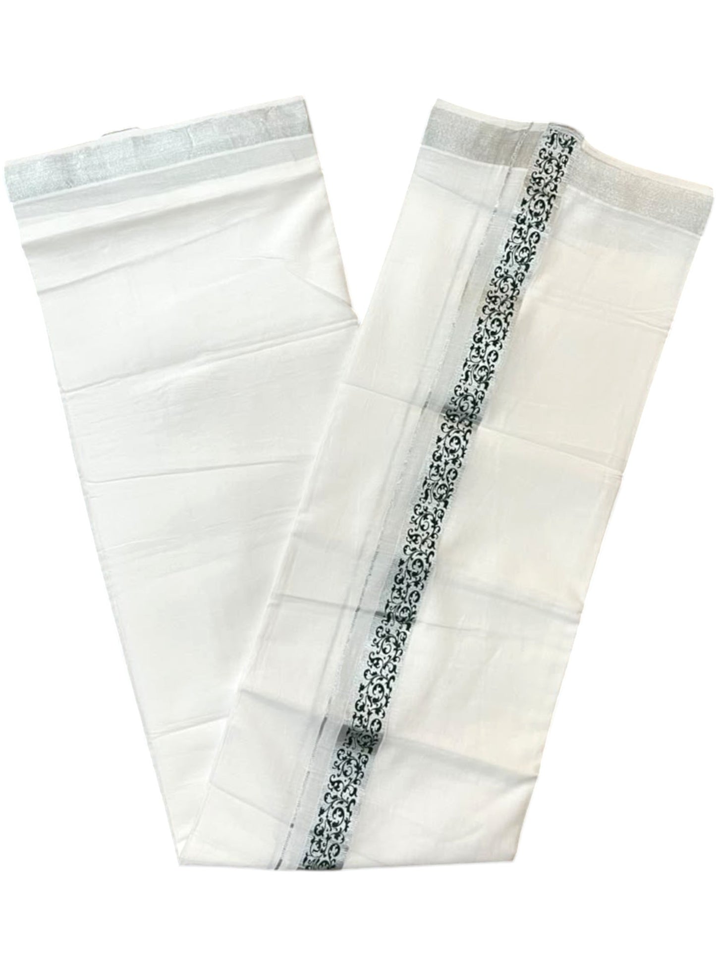 Southloom Pure White Cotton Mundu with Green and Silver Kasavu Border (South Indian Kerala Dhoti)