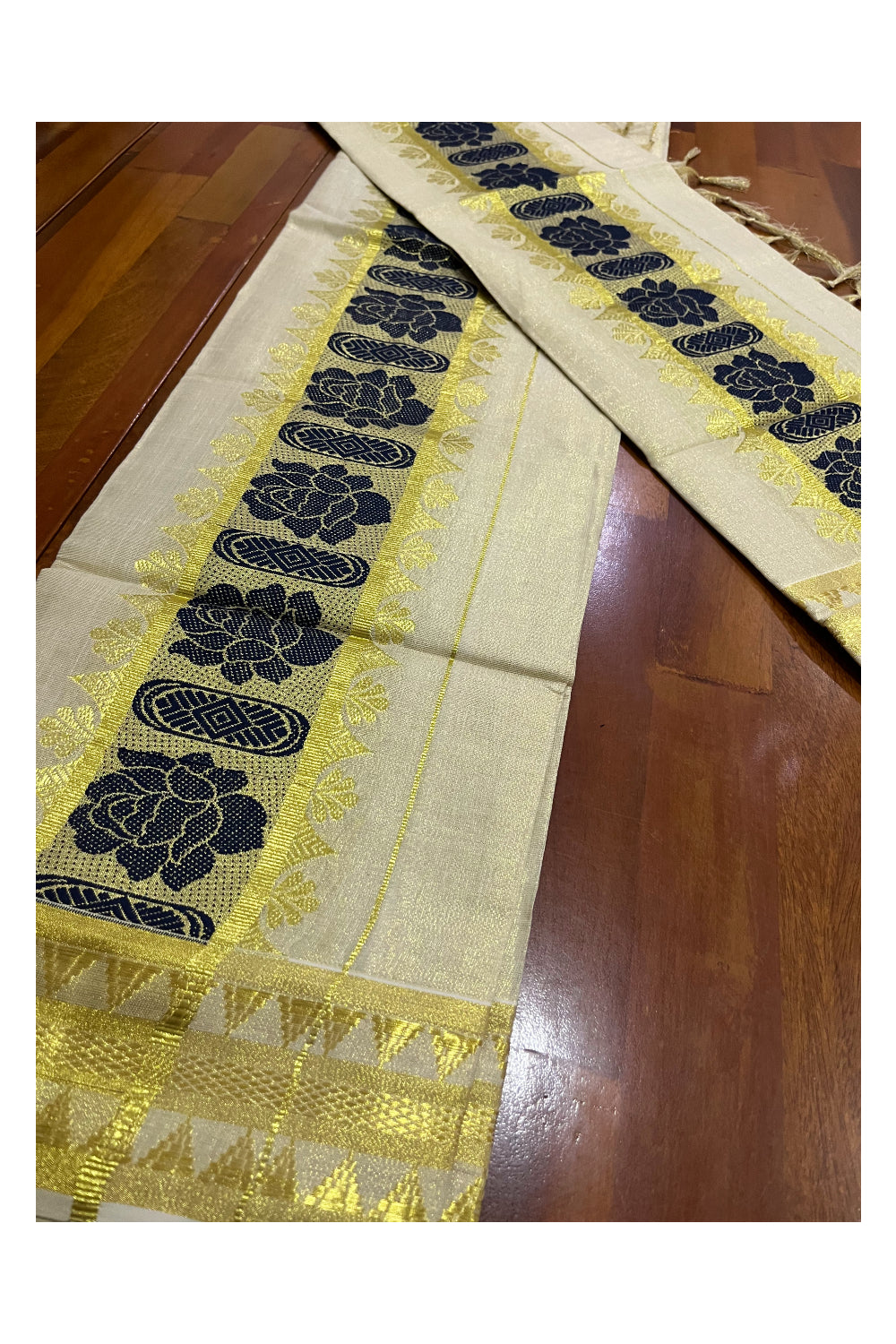 Kerala Cotton Set Mundu (Mundum Neriyathum) with Dark Blue Woven Design Border 2.80 Mtrs (Onam Set Mundu 2023)