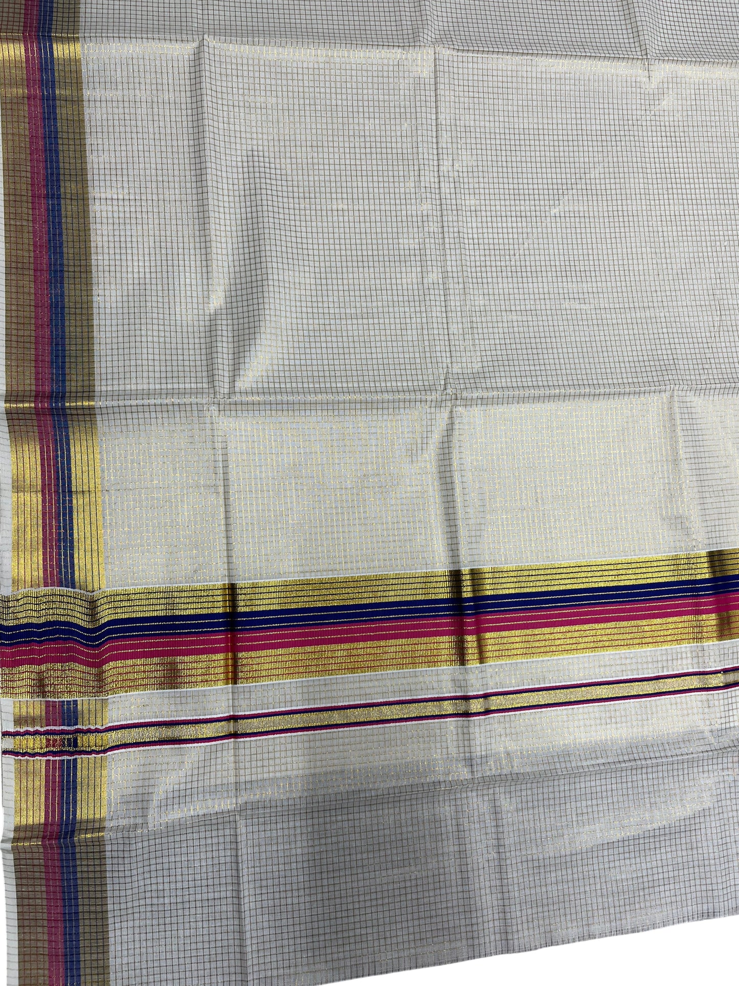 Southloom Kerala Cotton Kasavu Saree with Micro Check Design on Body in Magenta & Blue Border