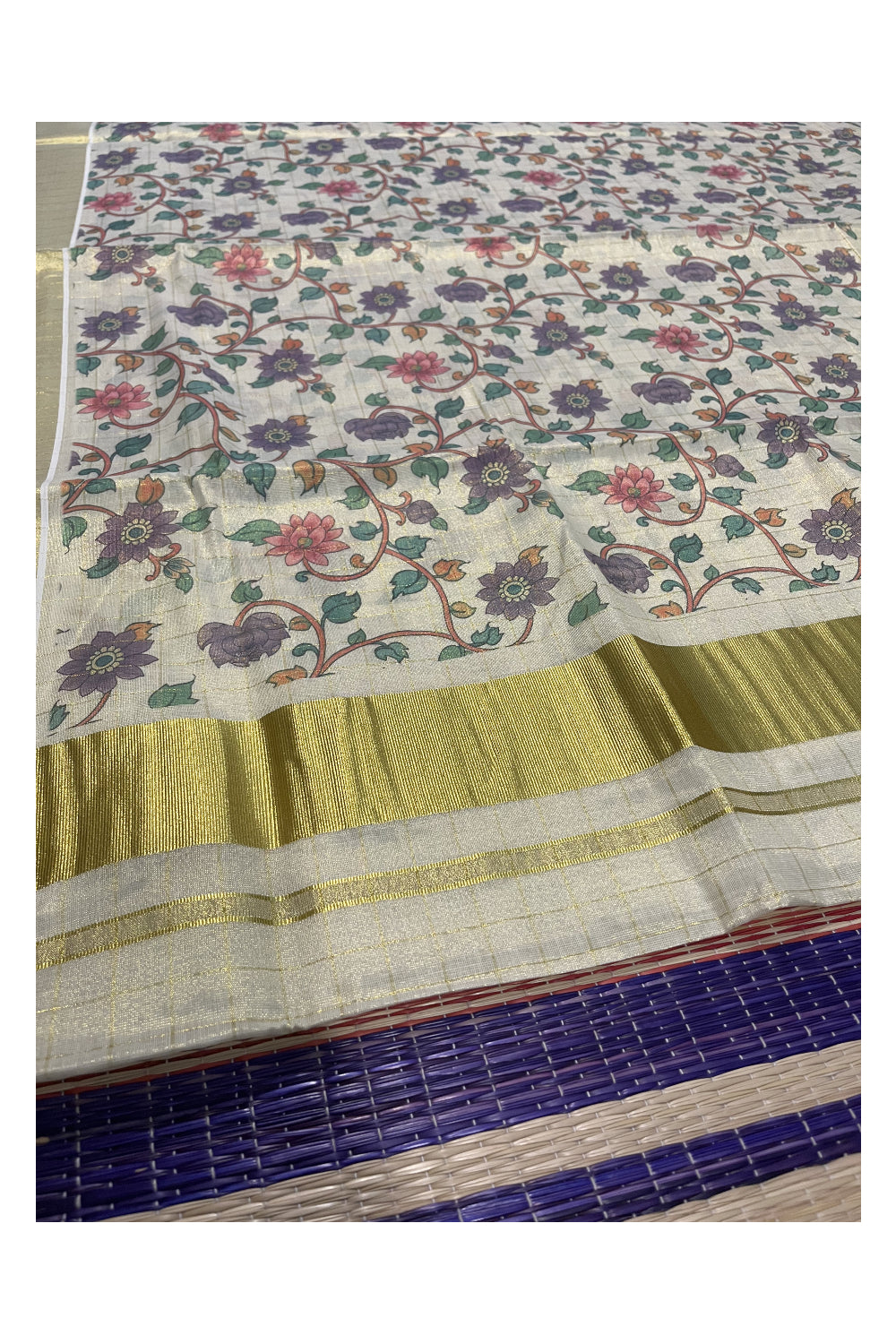 Kerala Tissue Kasavu Check Saree with Violet Floral Kalamkari Design