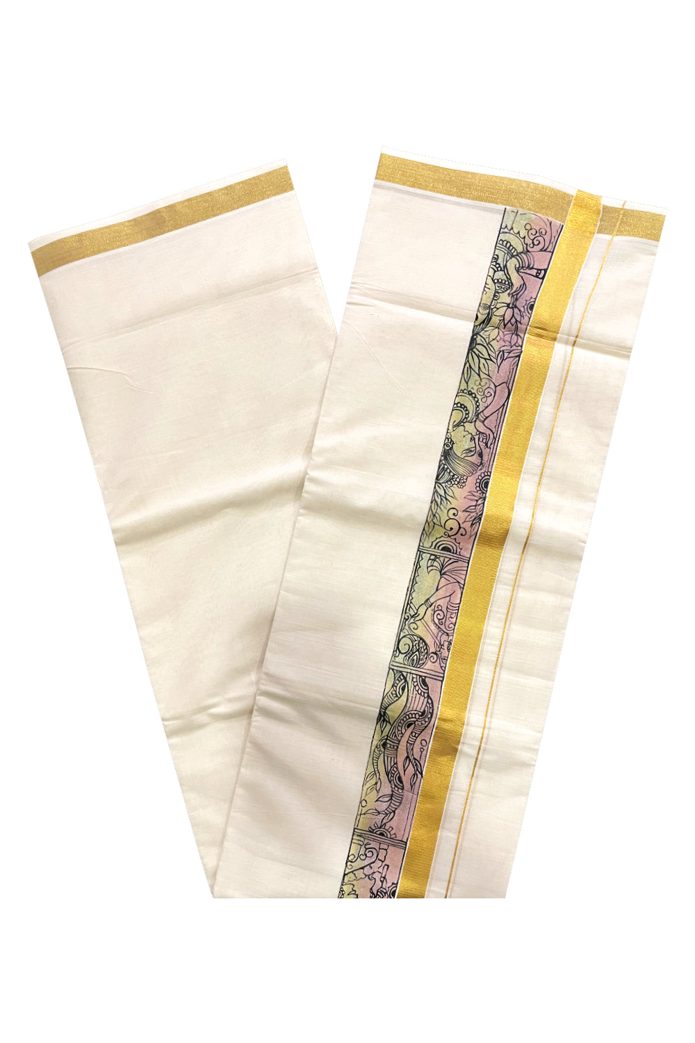 Pure Cotton Kerala Double Mundu with Hand Painted Designs on Kasavu Border (Vishu Collection 2024)