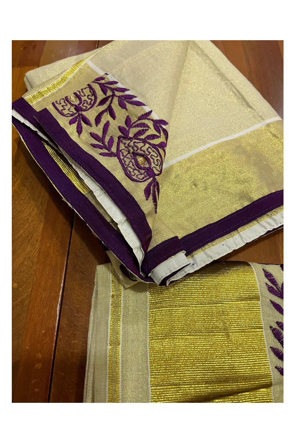 Kerala Tissue Kasavu Set Mundu (Mundum Neriyathum) with Handwork Embroidery Design and Purple Blouse Piece