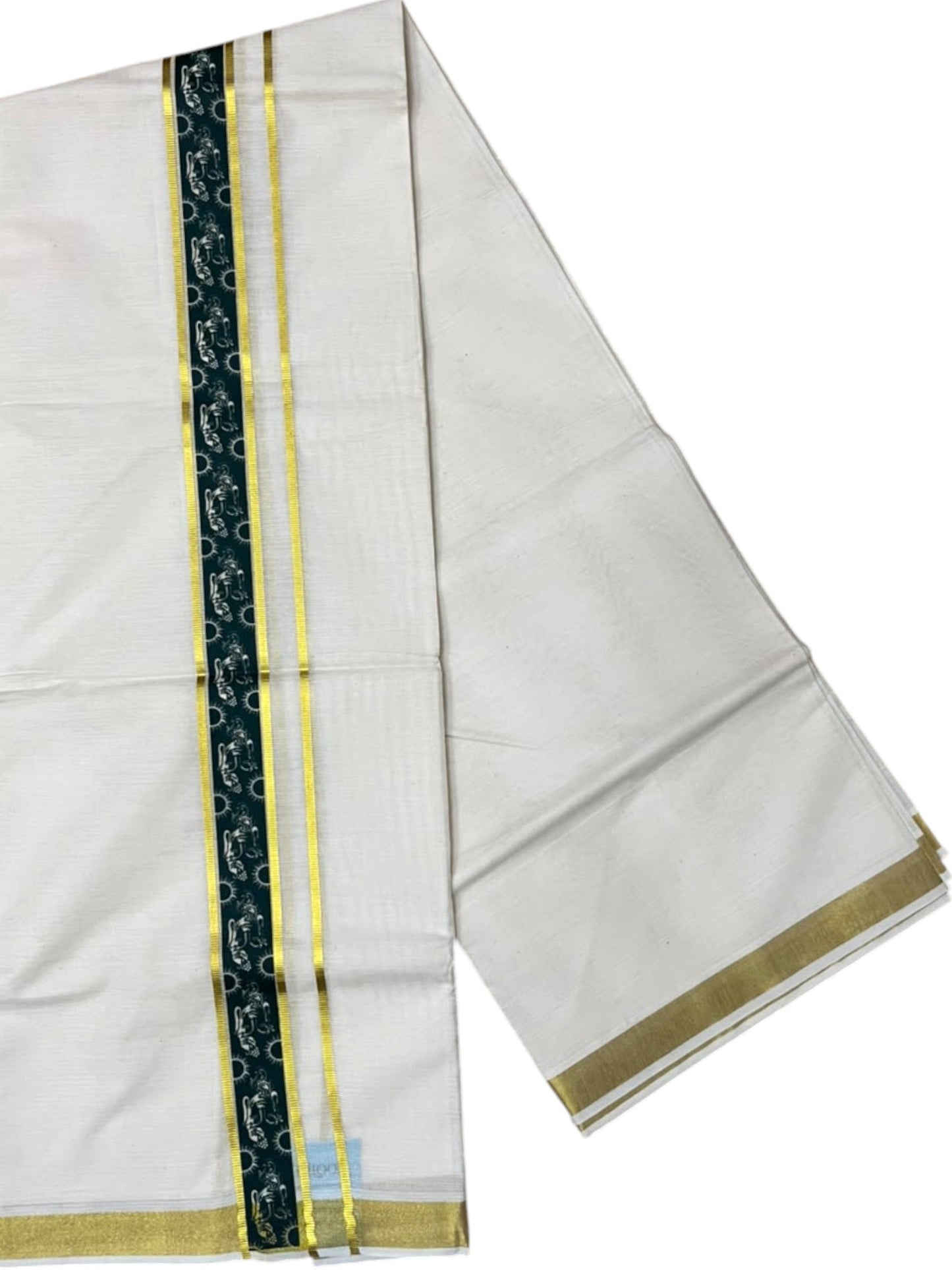 Southloom Pure Cotton Double Mundu with Green Block Printed And Ksavu Border (South Indian Kerala Dhoti)