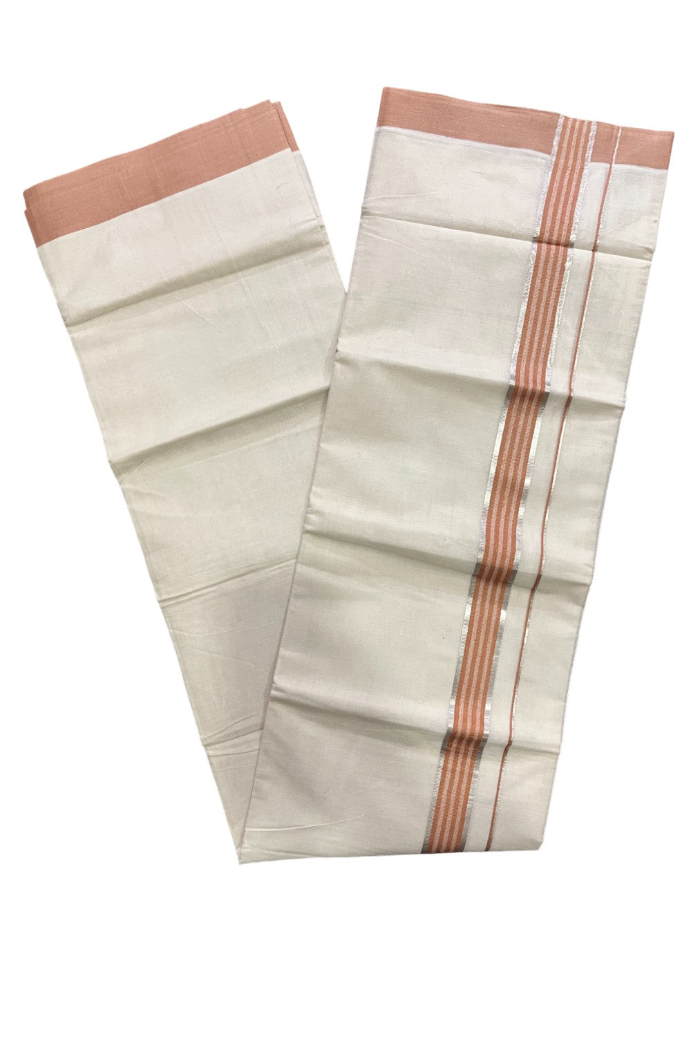 Kerala Pure Cotton Double Mundu with Silver Kasavu and Light Brown Border (Vishu 2024 Collection)