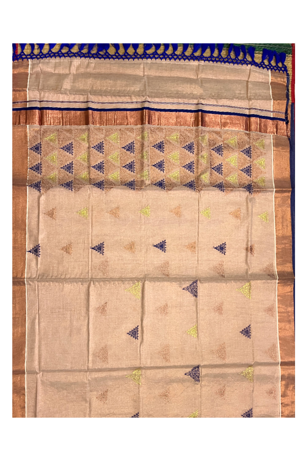 Southloom Copper Tissue Kasavu Saree with Embroidery Design and Blue Tassels Works on Pallu