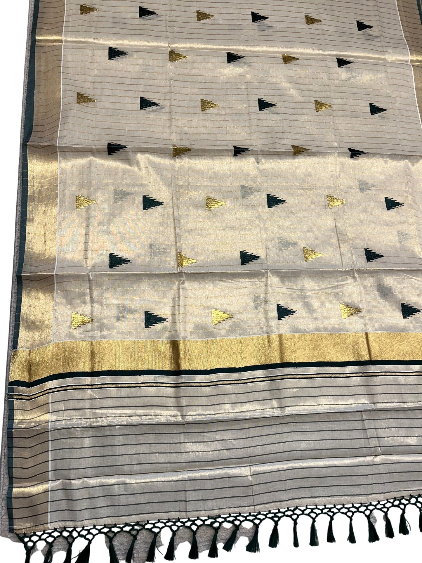 Kerala Tissue Kasavu Stripes Saree with Green and Gold Temple Embroidery Design on Body