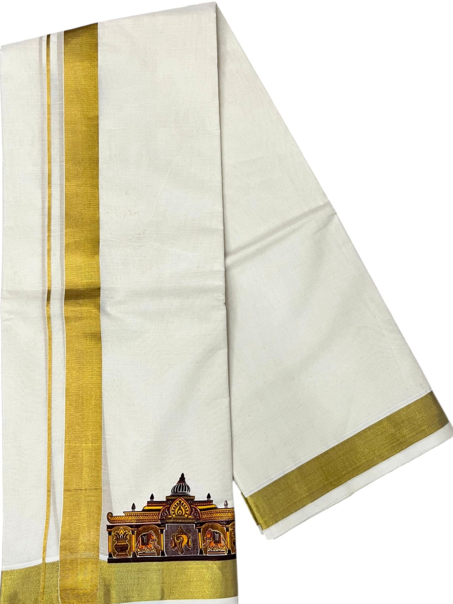 Southloom Kerala Cotton Temple Digital Printed Double Mundu (South Indian Kerala Dhoti) SL567