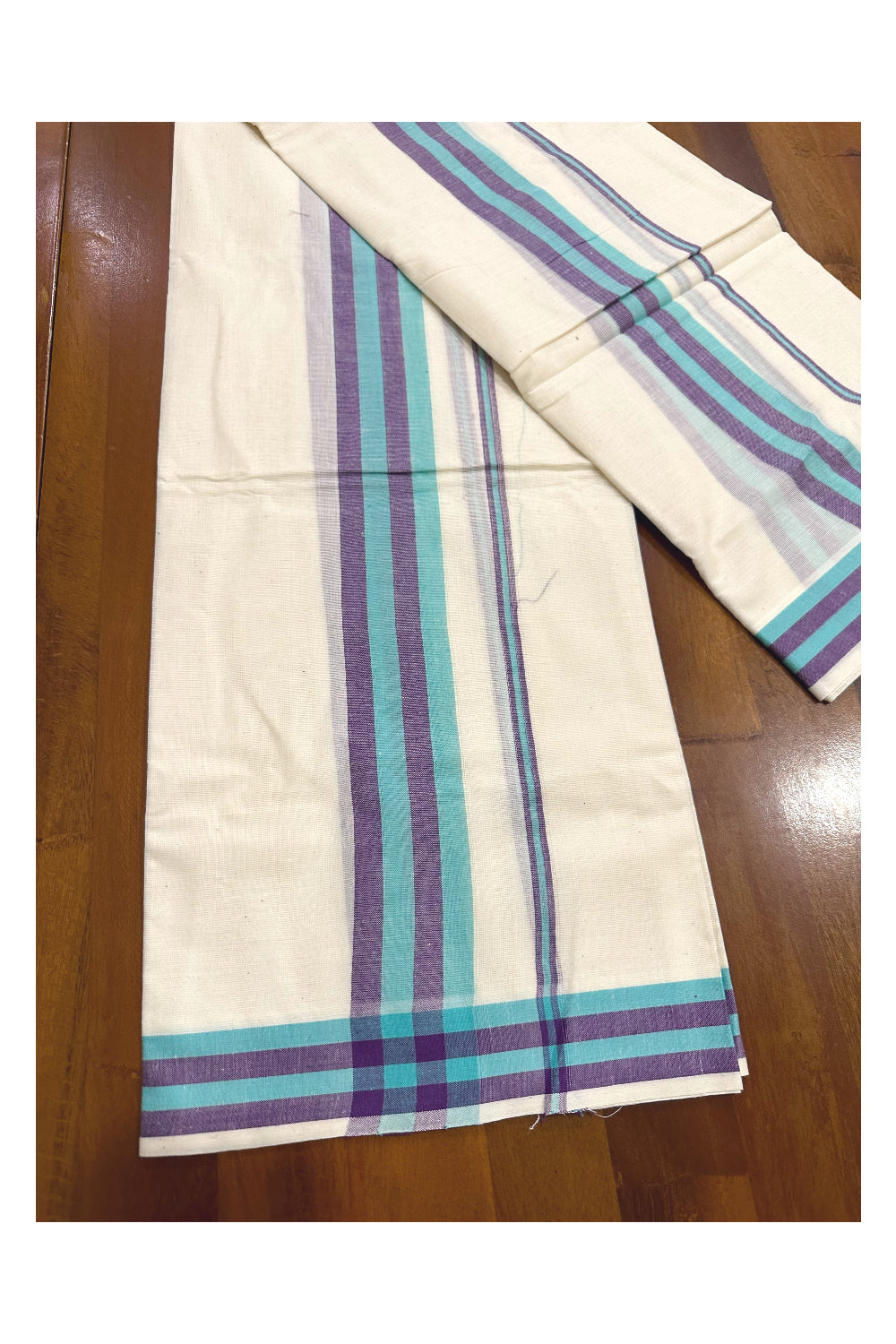 Kerala Mulloth Soft Cotton Mundum Neriyathum Single with Violet and Turquoise Border (Onam Set Mundu 2023)