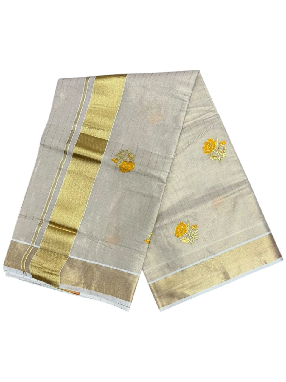 Southloom Tissue Kerala Kasavu Saree with Floral Embroidery Design On Border