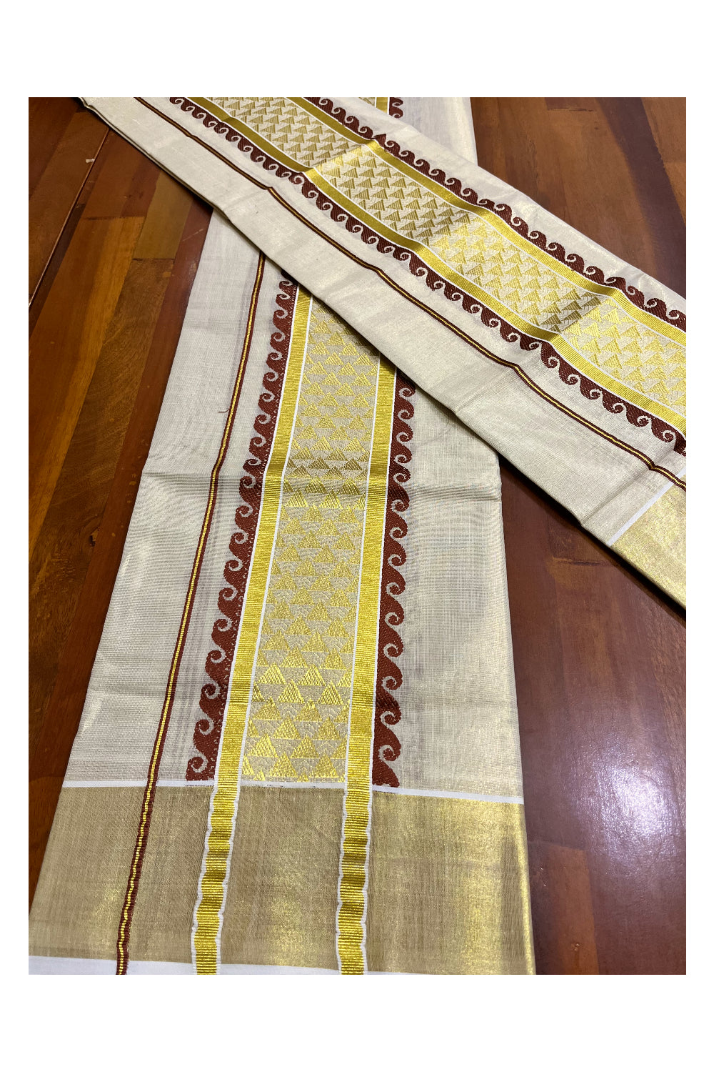 Kerala Tissue Single Set Mundu (Mundum Neriyathum) with Brown and Kasavu Woven Border 2.80 Mtrs (Vishu 2024 Collection)