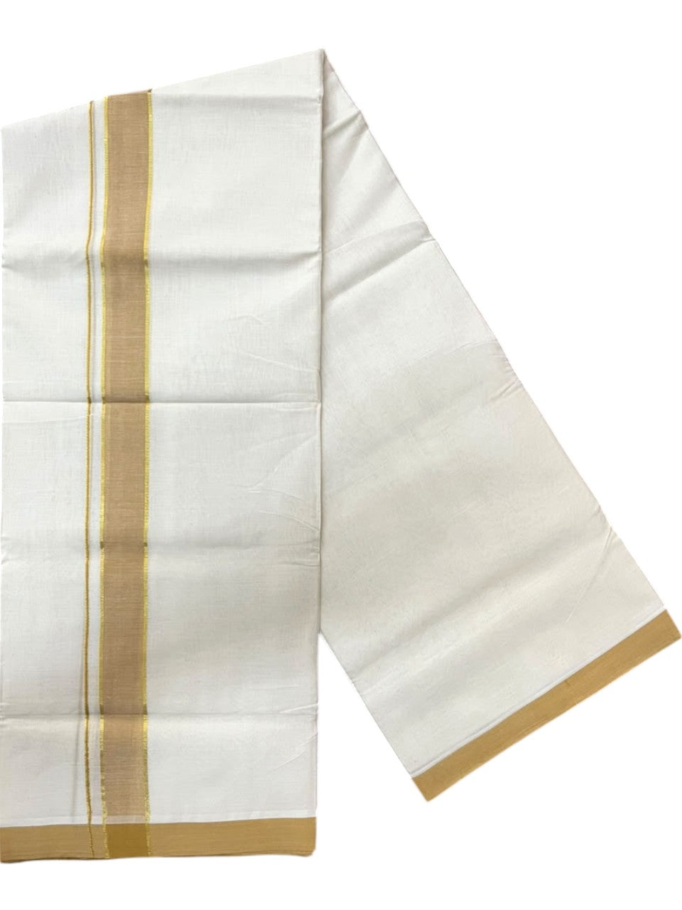 Southloom Balaramapuram Unakkupaavu Premium Handloom Cotton Double Mundu with Gold Kasavu and Mustard Yellow Border