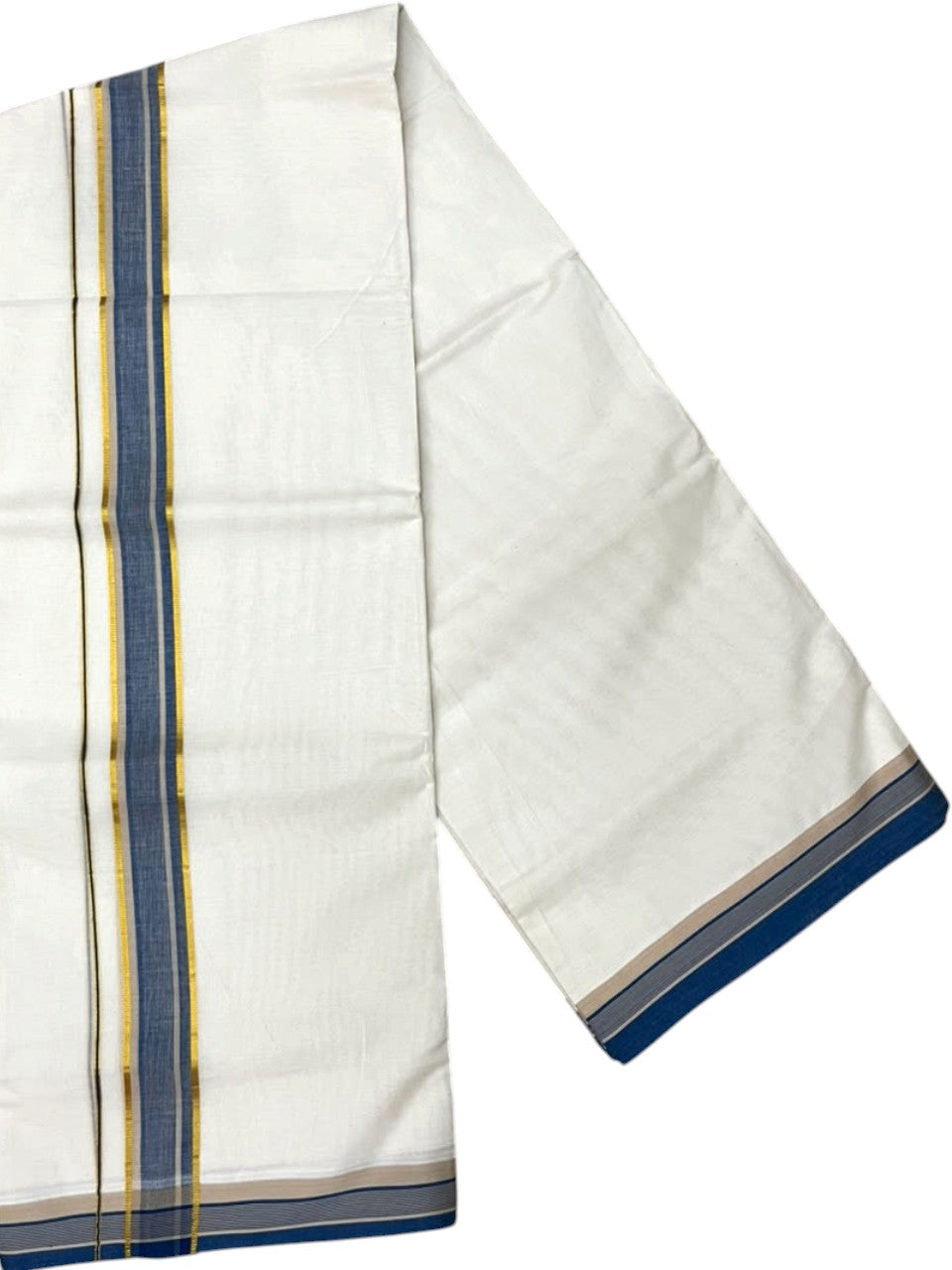 Southloom Pure Cotton Mundu with Siver Lines and Blue Border (South Indian Kerala Dhoti)