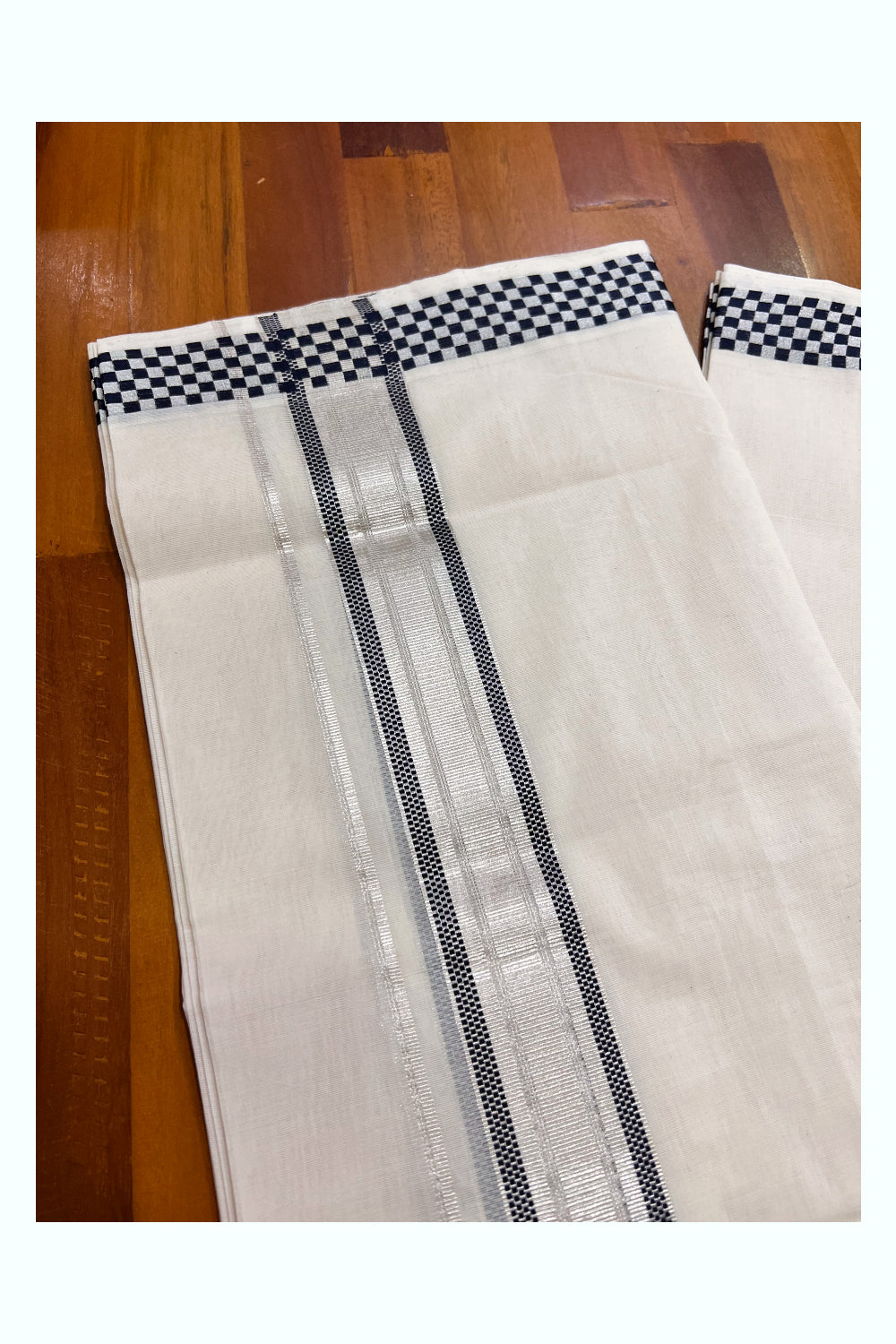 Southloom Super Premium Balaramapuram Unakkupaavu Handloom Silver Kasavu and Black Mundu with Woven Border (South Indian Kerala Dhoti)