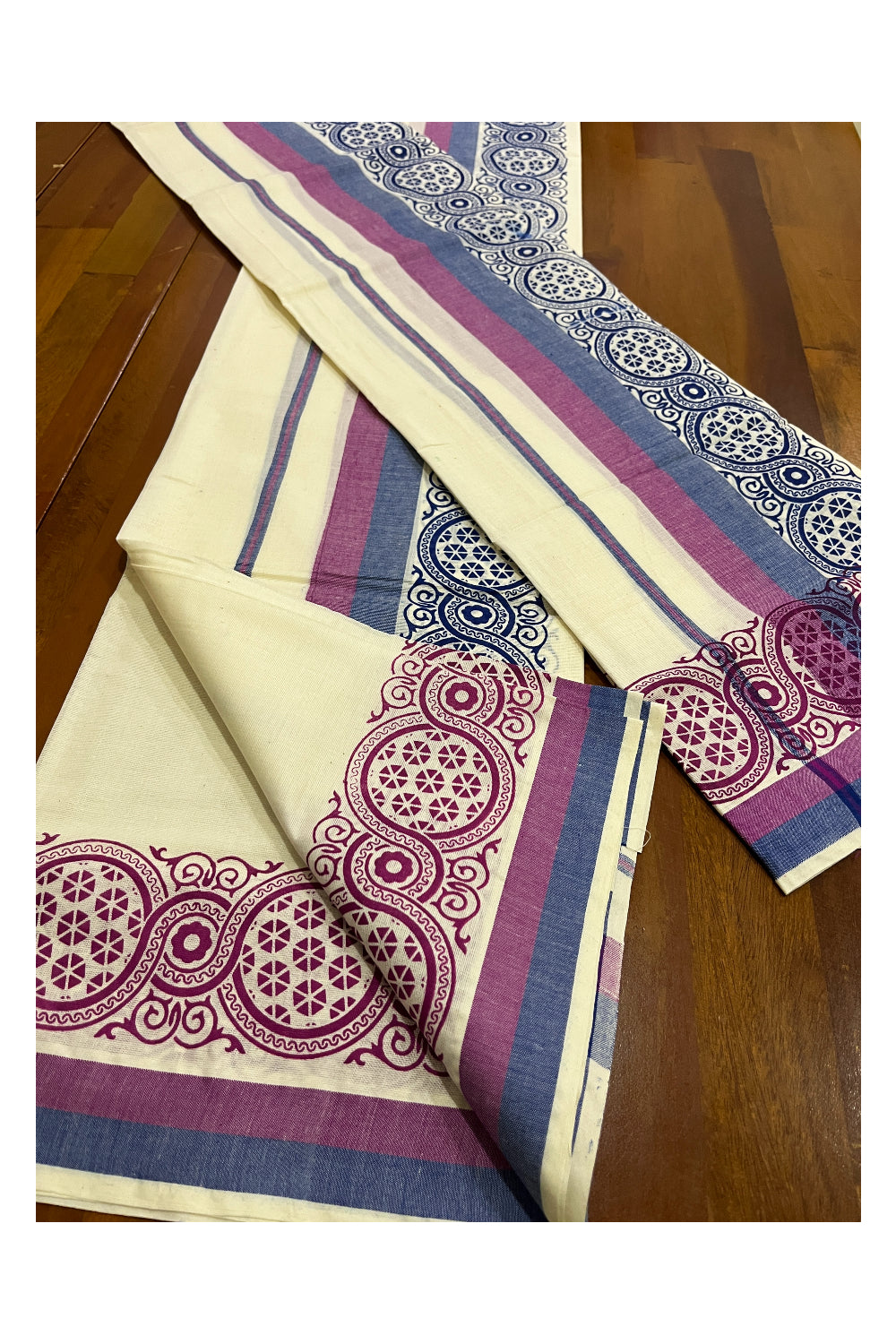 Kerala Cotton Mulloth Mundum Neriyathum Single (Set Mundu) with Blue and Red Block Printed Border (Extra Soft Cotton)