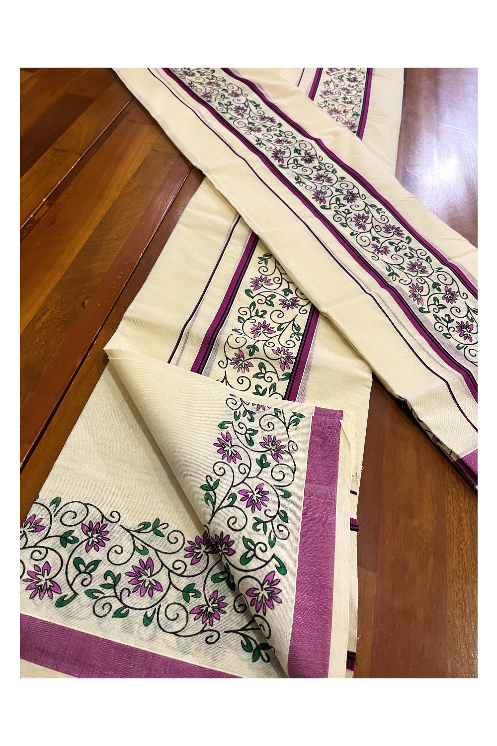 Kerala Cotton Set Mundu Single (Mundum Neriyathum) with Magenta Floral Block Printed Border