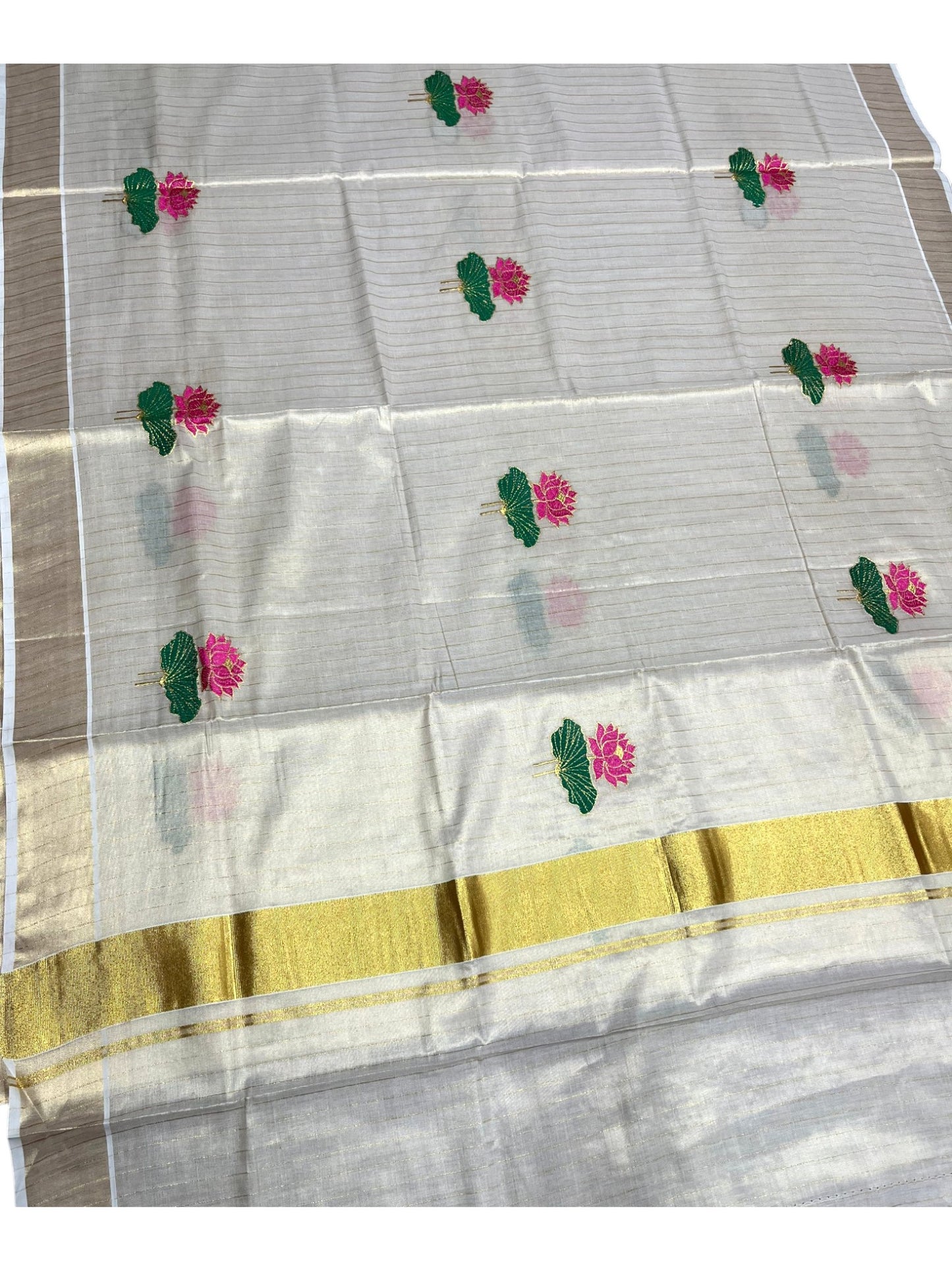 Southloom Kerala Tissue Kasavu  Saree with Pink And Green Lotus Embroidary Works on Body