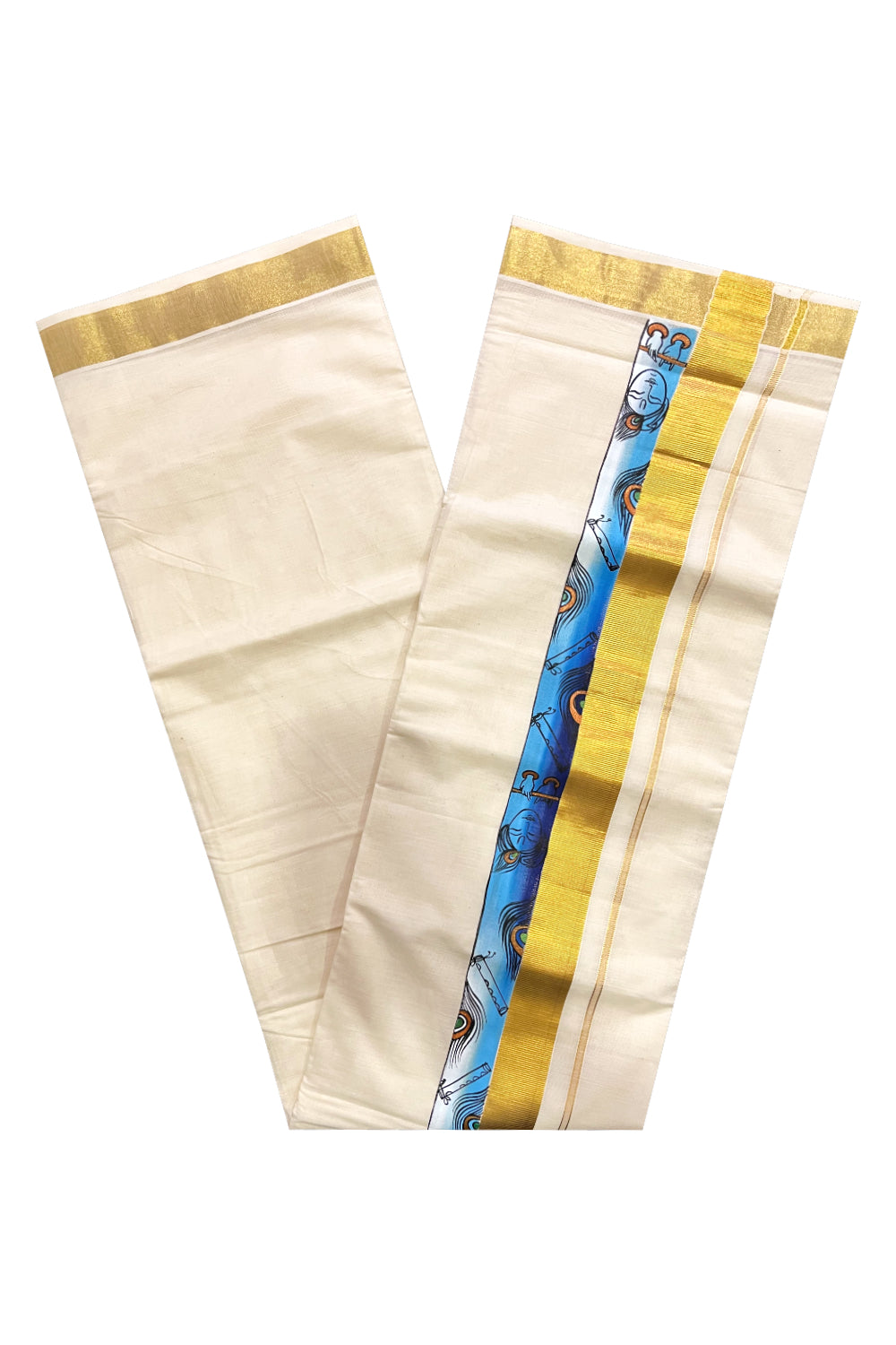 Pure Cotton Kerala Double Mundu with Kasavu Hand Painted Design Border (South Indian Kerala Dhoti)