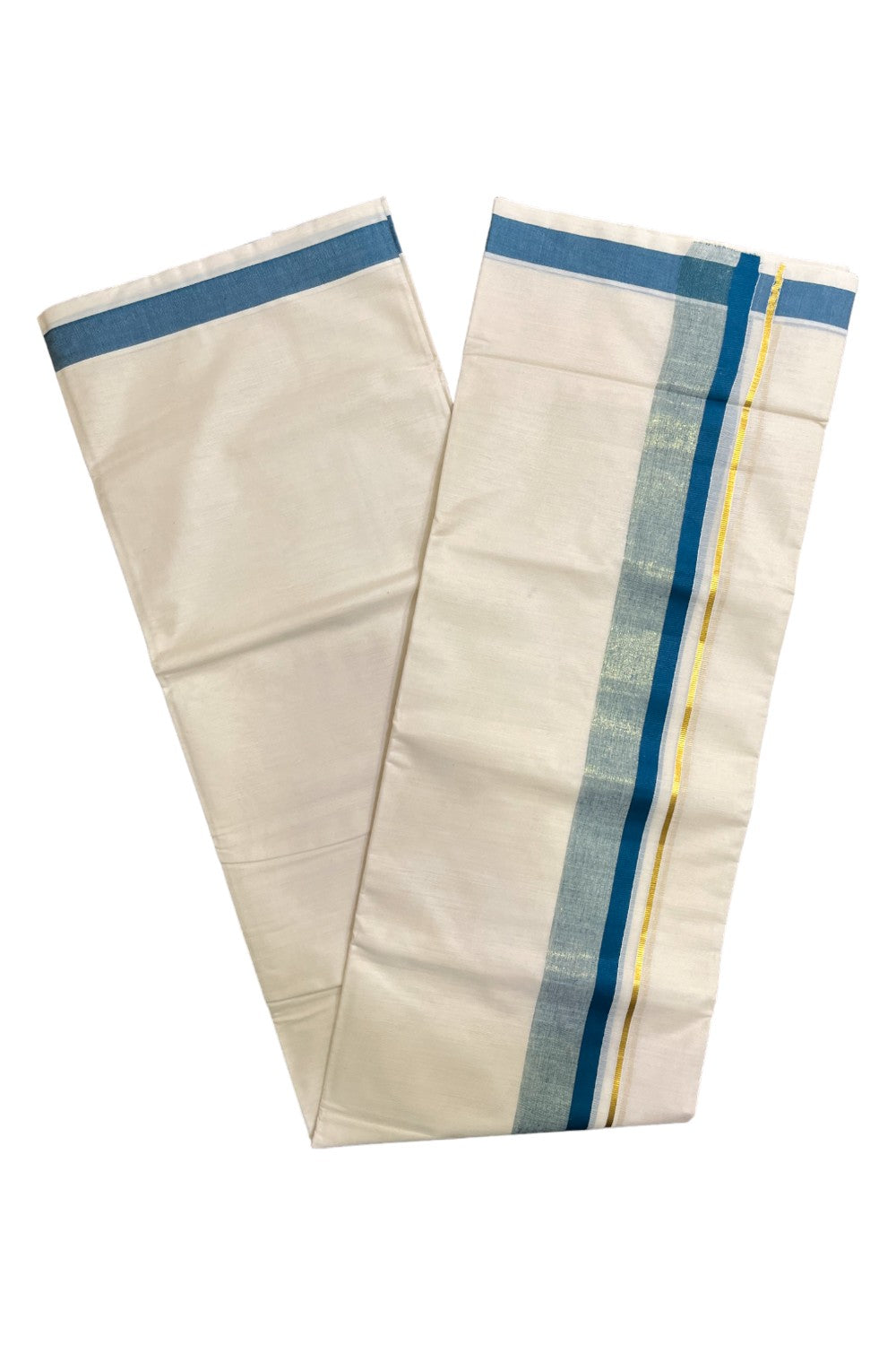 Kerala Pure Cotton Double Mundu with Teal Blue and Kasavu Border (South Indian Kerala Dhoti)