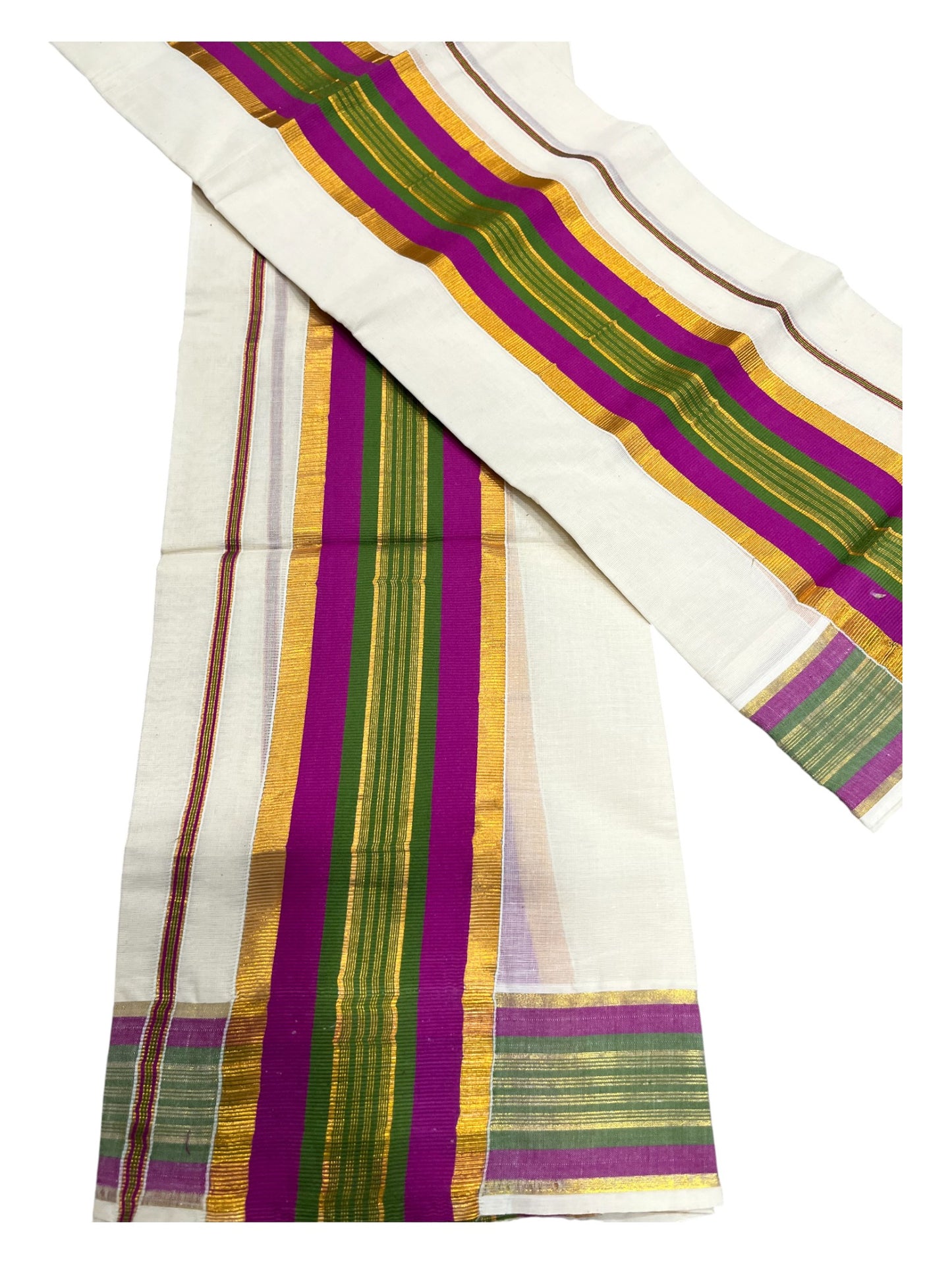 Kerala Cotton Kasavu Set Mundu (Mundum Neriyathum) with Magenta and Green  Border