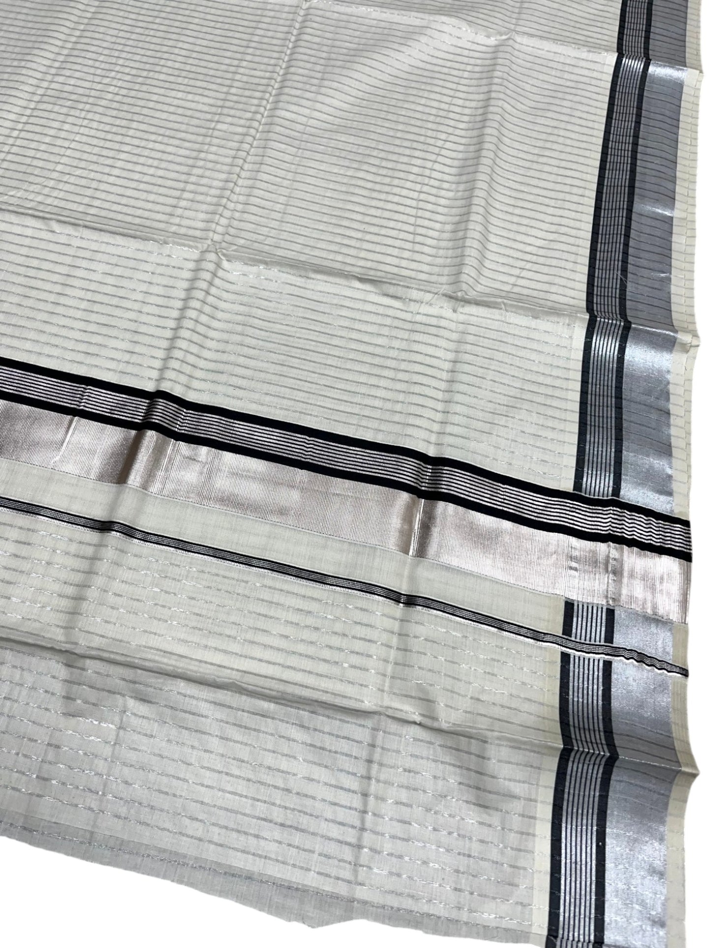 Southloom Pure Cotton Kerala Silver Kasavu Lines Saree with Black and Silver Border