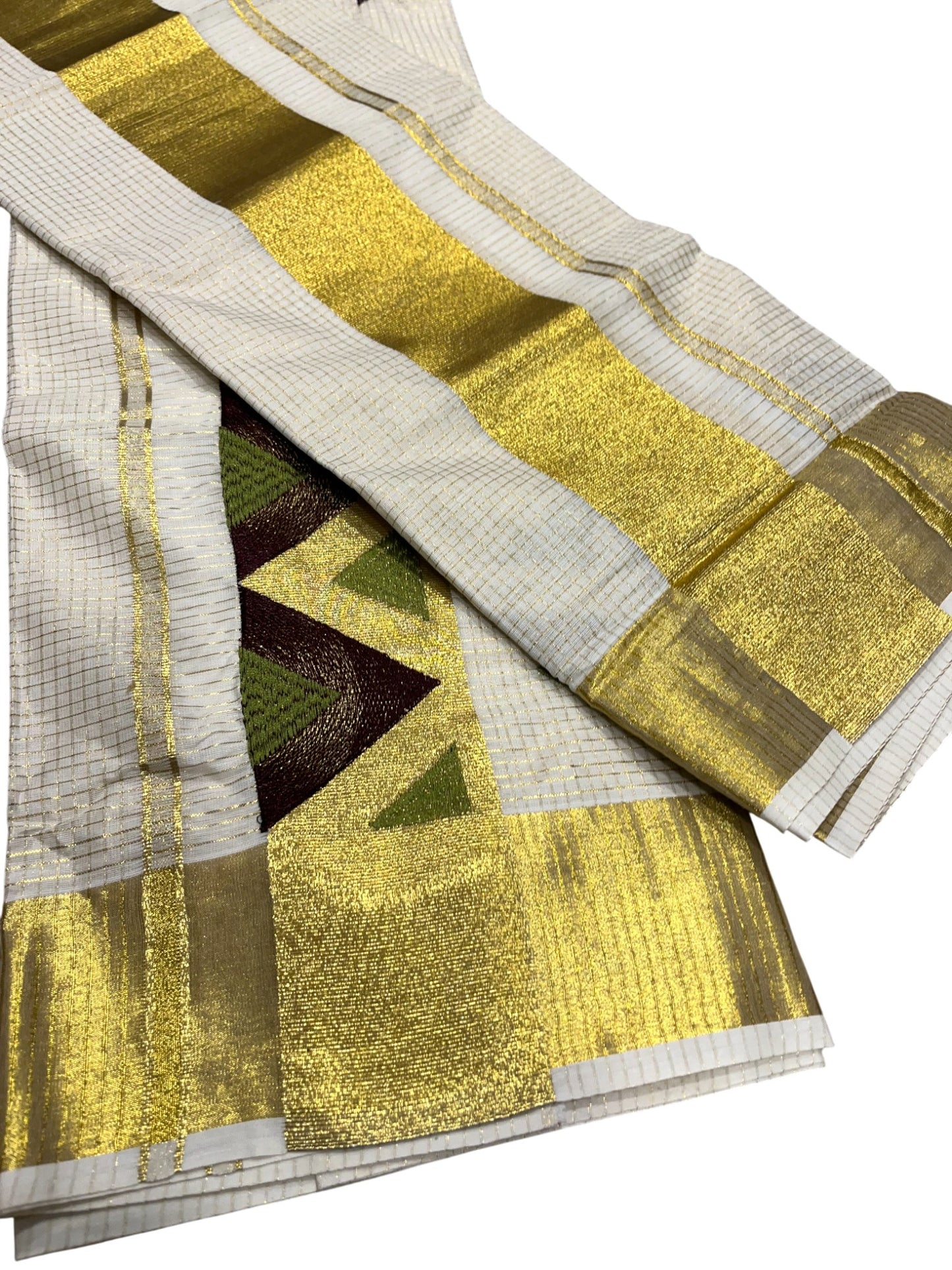 southloom Kerala TIssue Kasavu Mundum Neriyathum  (Set Mundu) with Green Brown  Embroidery Designs in Kasavu Border