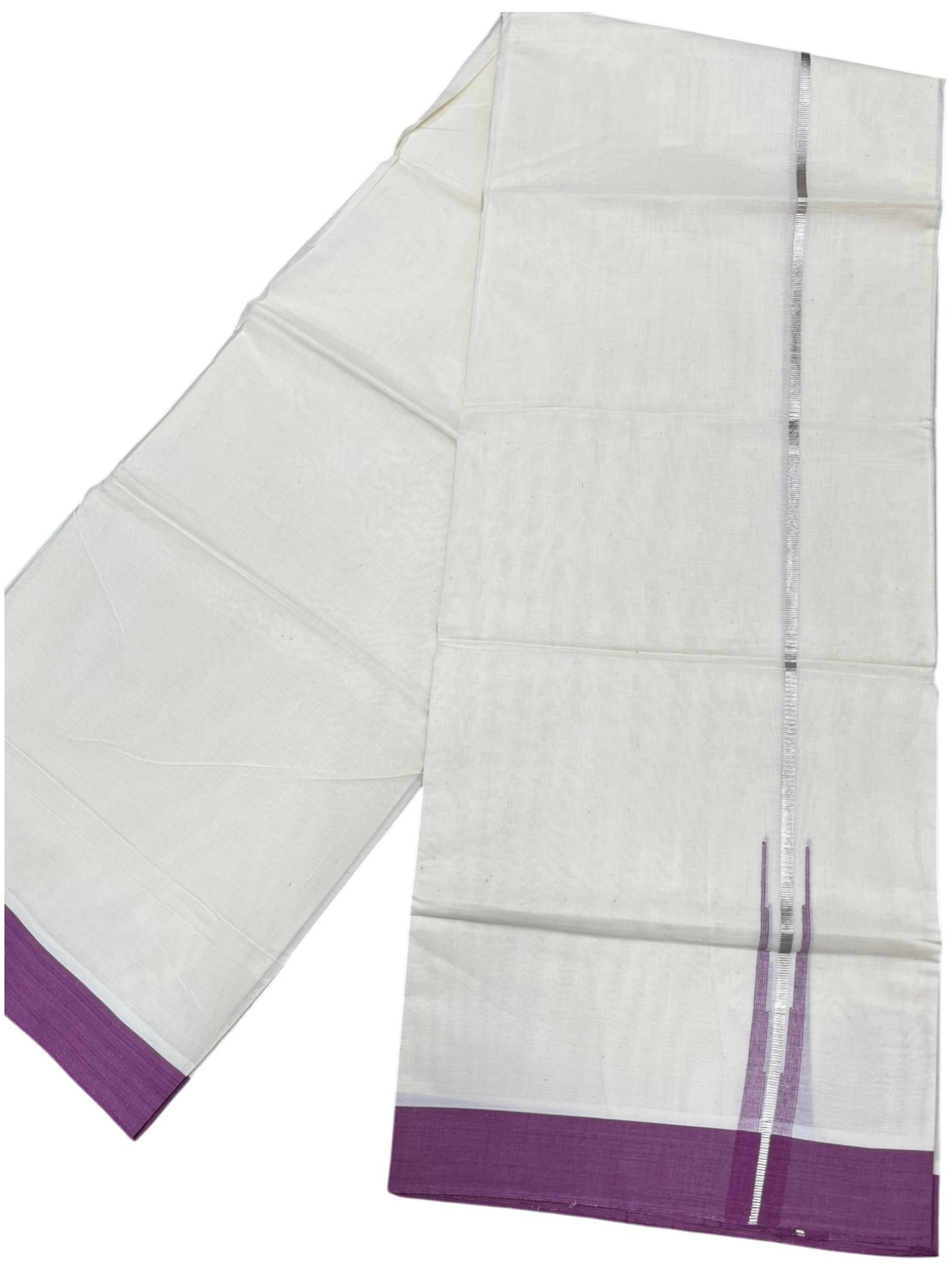 Southloom Pure Cotton Double Mundu with Silver Lines and Purple Chuttikara Border (South Indian Kerala Dhoti)