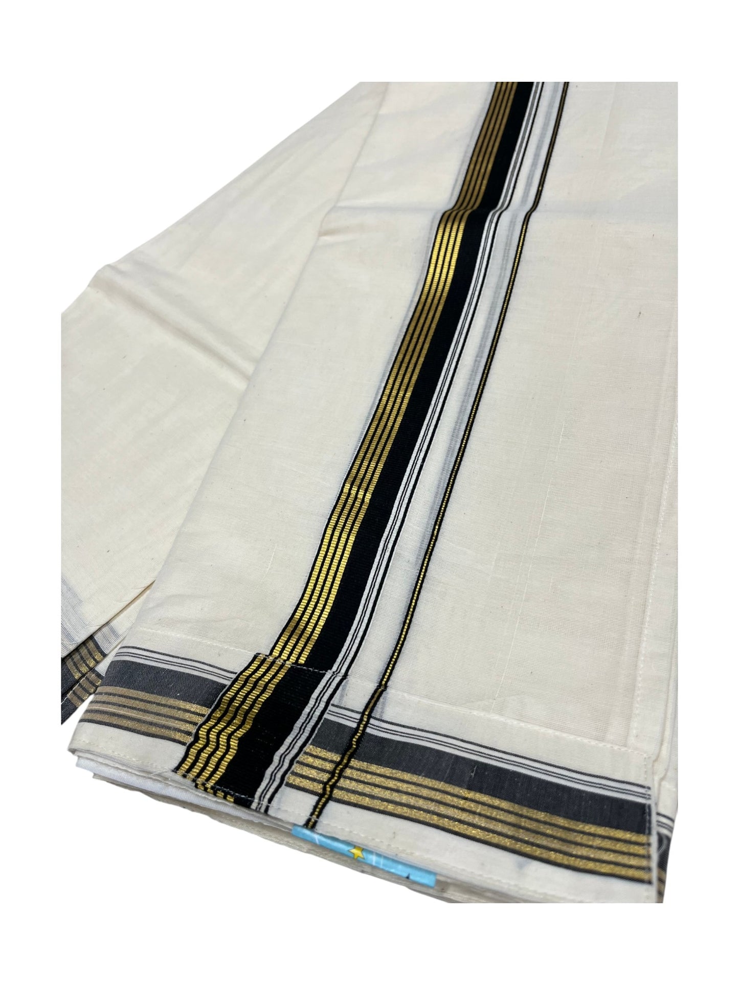 Southloom Kerala Cotton Velcro Double Mundu with Black And Gold Kasavu Border (South Indian Kerala Dhoti)