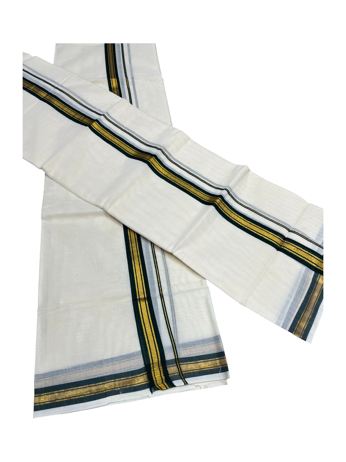 Pure Cotton Kerala Single Set Mundu (Mundum Neriyathum) with Dark Green Kasavu Border in 2.80 Mtrs